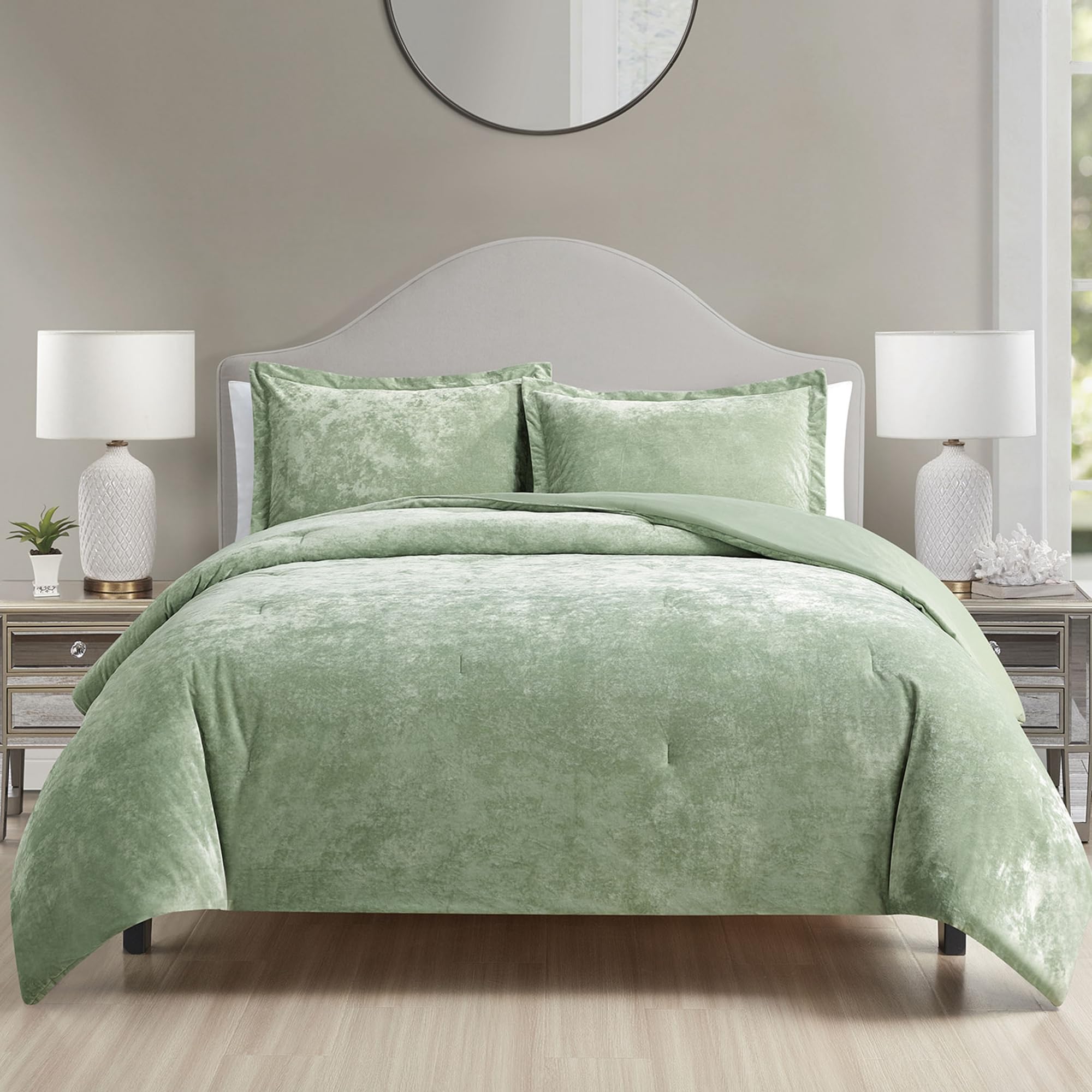 HUMESIIL Luxury Velvet King Size Comforter Set, 3 Pieces Reversible Brushed Solid Microfiber Back, All Season Cozy, Soft, Warm (Sage Green,104x90 in)