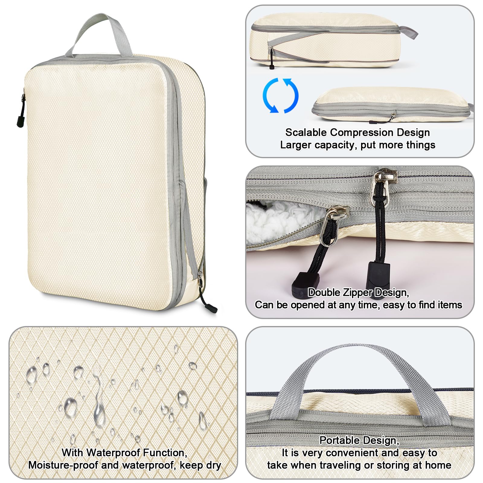 Eucomir Set di 9 Cubi Organizer Valigia da Viaggio, Sacchetti di Organizzatore Estensibile Salvaspazio,per Deposito per la Casa,Bianco
