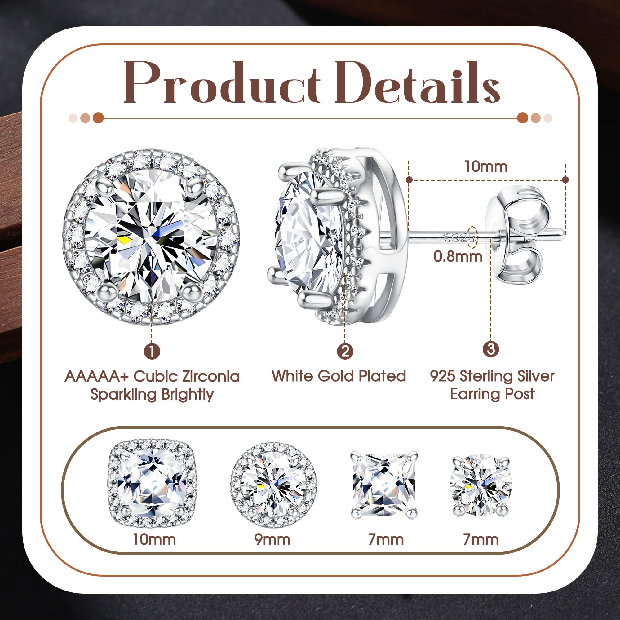Set 4 Paia Orecchini Argento 925 Placcati Oro 14k, Ipoallergenici, Grandi Orecchini Rotondi e Quadrati Zirconi 6-10mm per Donne e Uomini, Unisex