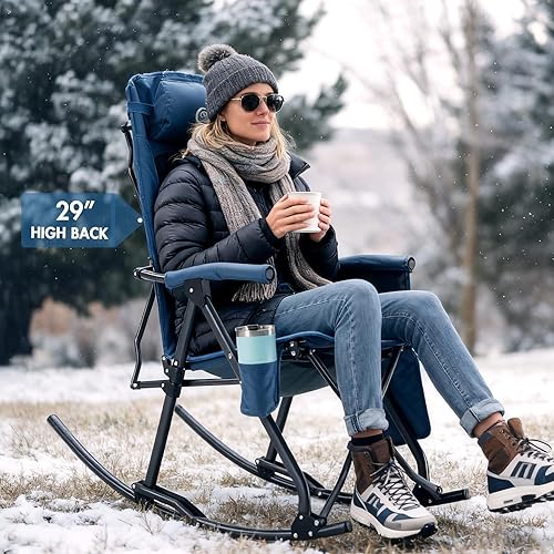 Vista 6 de PORTAL Silla mecedora plegable de gran tamaño para acampar, portátil, para exteriores, con respaldo alto, reposabrazos duros, bolsa de transporte