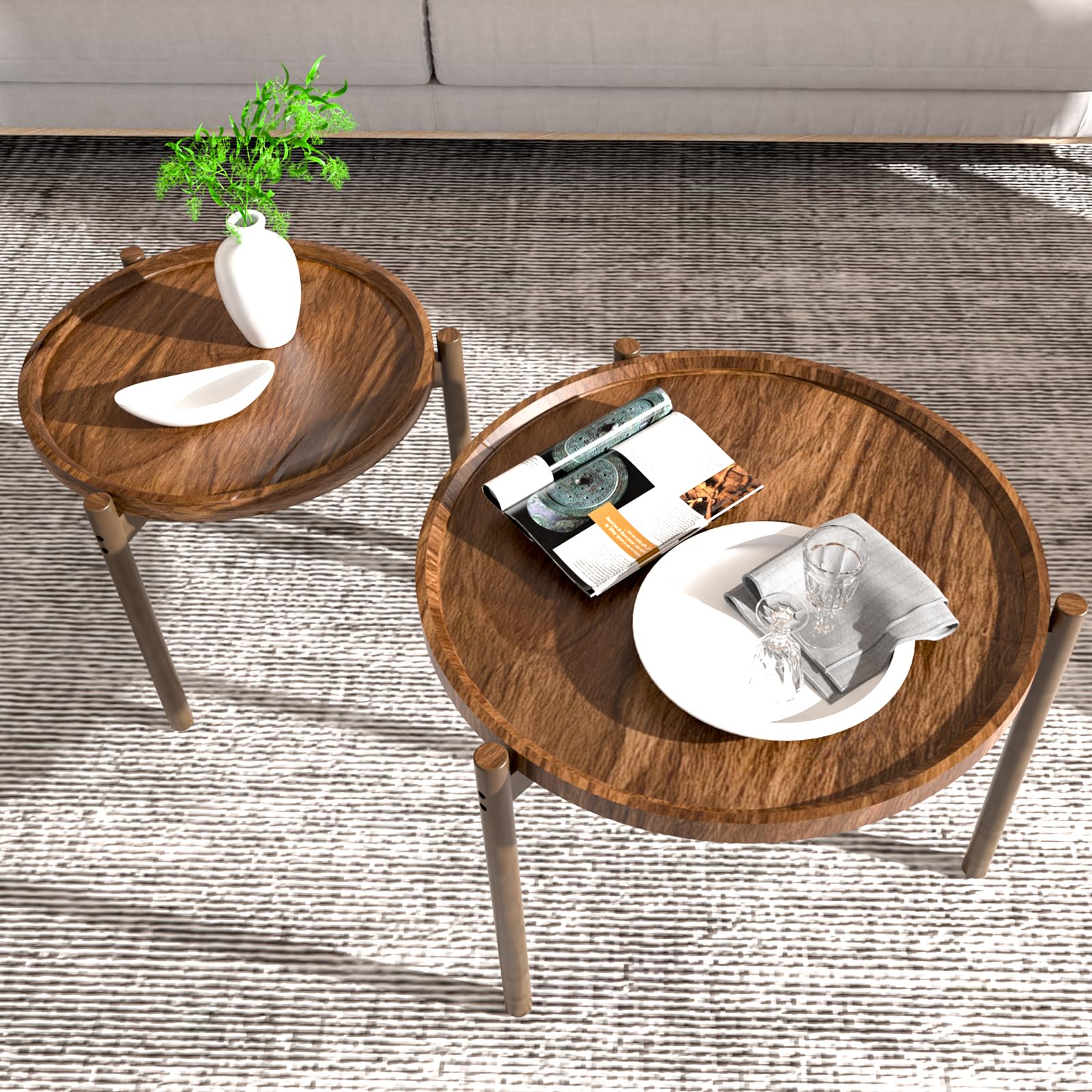 Lot de 2 tables basses rondes gigognes pour salon, chambre à coucher, balcon