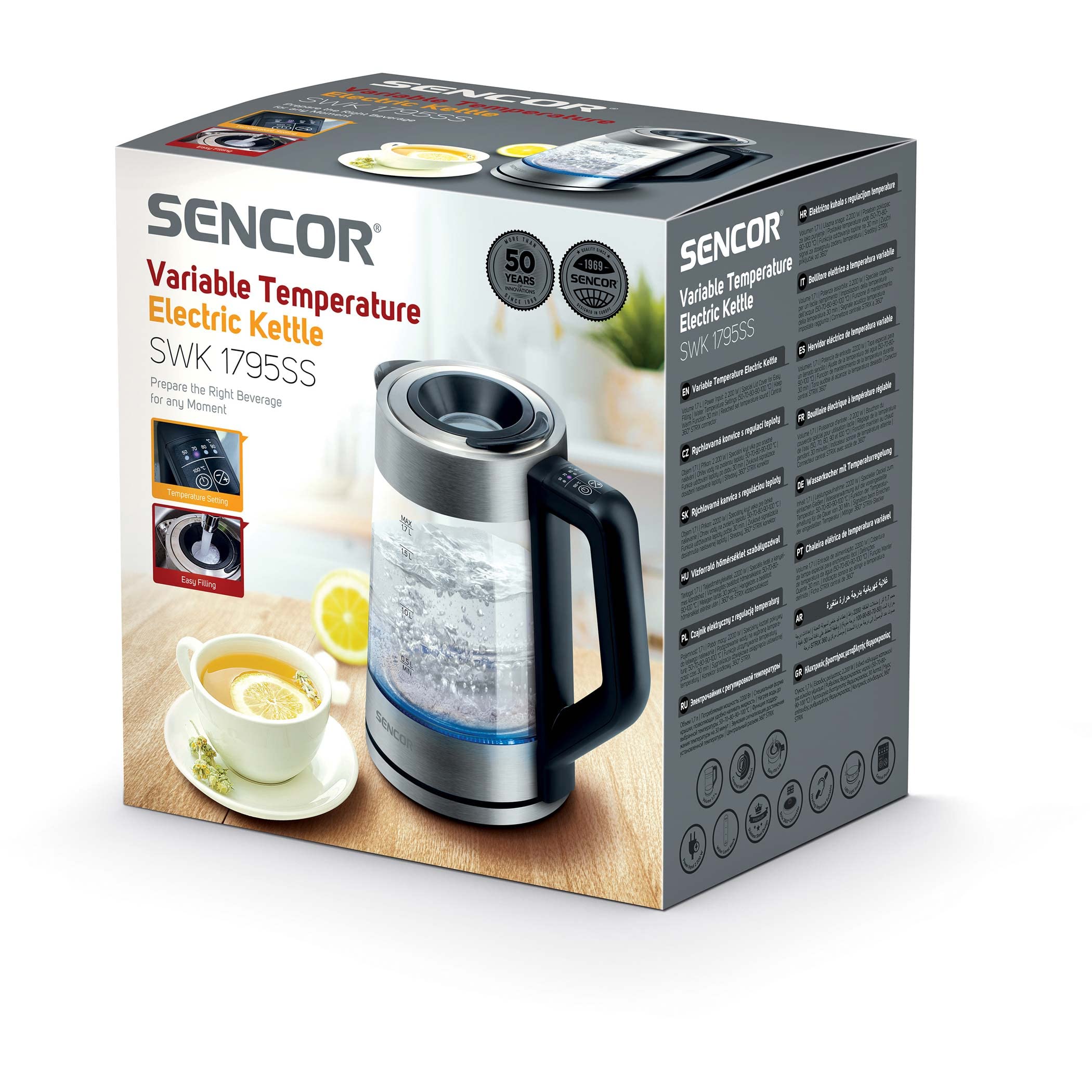 Sencor SWK 1795SS - Bollitore in vetro con capacità di 1,7 l, potenza di 2200 W, acciaio inox, luce LED interna, 100% senza BPA, regolazione della temperatura (da 50 °C a 100 °C
