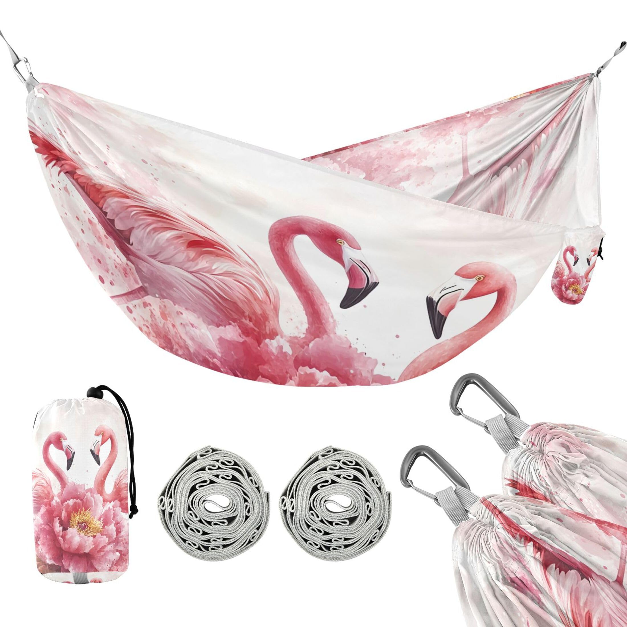 Takiito Peony Flamingos Hammock 330 lb Capacity Travel Camping Hammock with Tree Straps, Portable Lightweight for Outdoor Beach Backpacking Backyard Patio