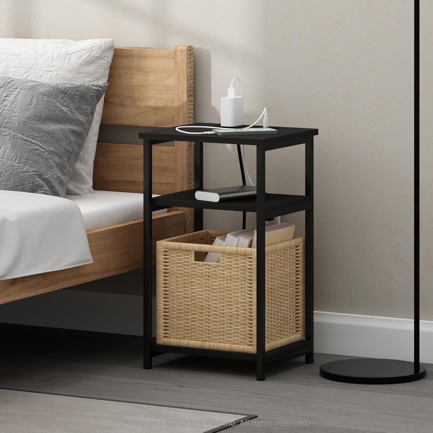 Furinno Moretti Side Table, 3-Tier Modern End Table with Charging Station, Metal Frame Night Stand, Bedside Table with USB and Type-C Charging Port, for Living Room, Bedroom, Americano