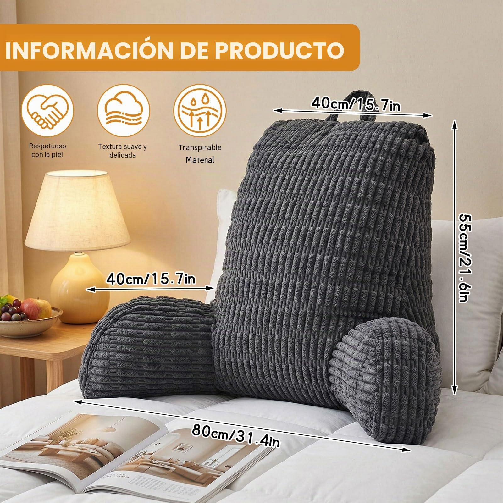 Cojín de Lectura, Cojín de Respaldo y Apoyo Lumbar para Cama y Sofá, Cojín Cómodo y Suave para Sentarse, Leer y Ver la TV