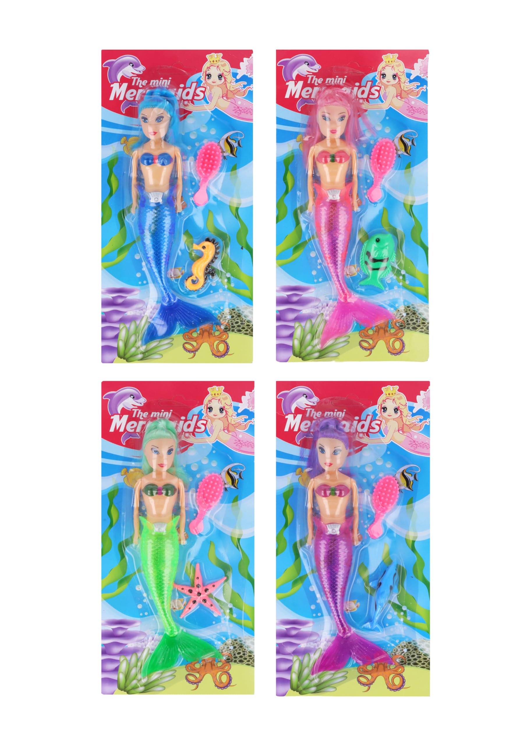 HENBRANDT 4 x Mini Mermaids 20cm Collectible Dolls - 4 Assorted Vibrant Colours with Sea Creature & Hairbrush - Perfect Kids Party Favours Gift Toy
