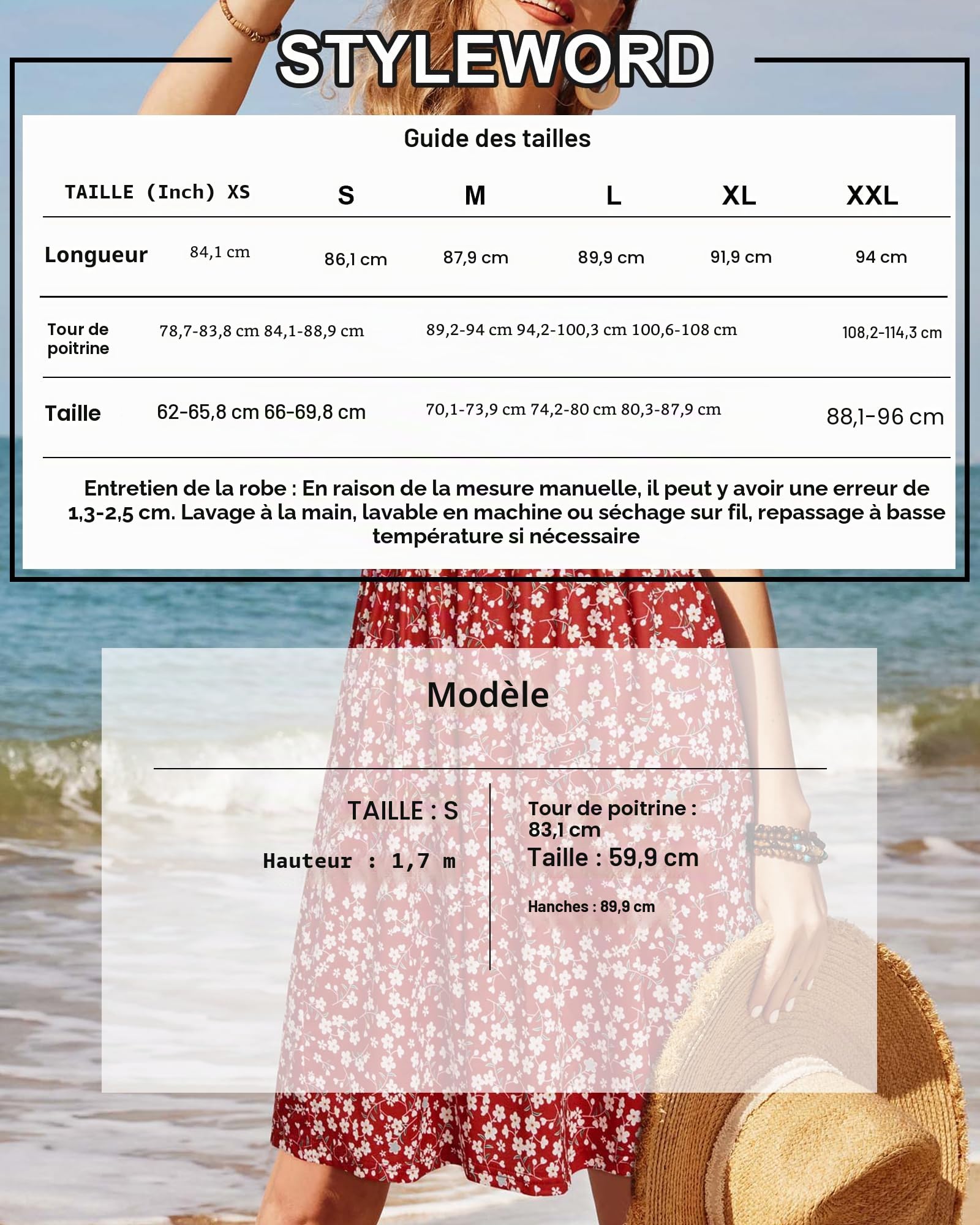 STYLEWORD Robe d'été mi-Longue sans Manches à col en V et Bretelles Spaghetti pour Femme avec Poches