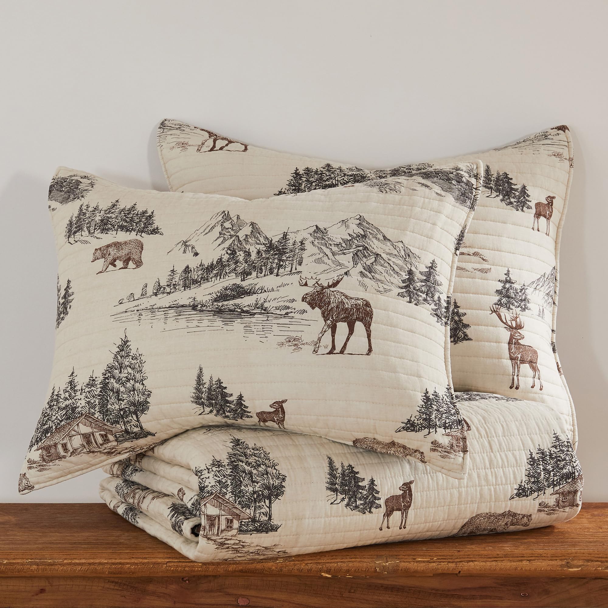 Levtex Home Zestaw kołder Lodge Toile - Kołdra pełna/Queen i dwie standardowe poszewki - Mountain Lodge - brązowy kremowy węgiel drzewny - kołdra (223 x 233 cm) i poszewki (50 x 66 cm) - dwustronna