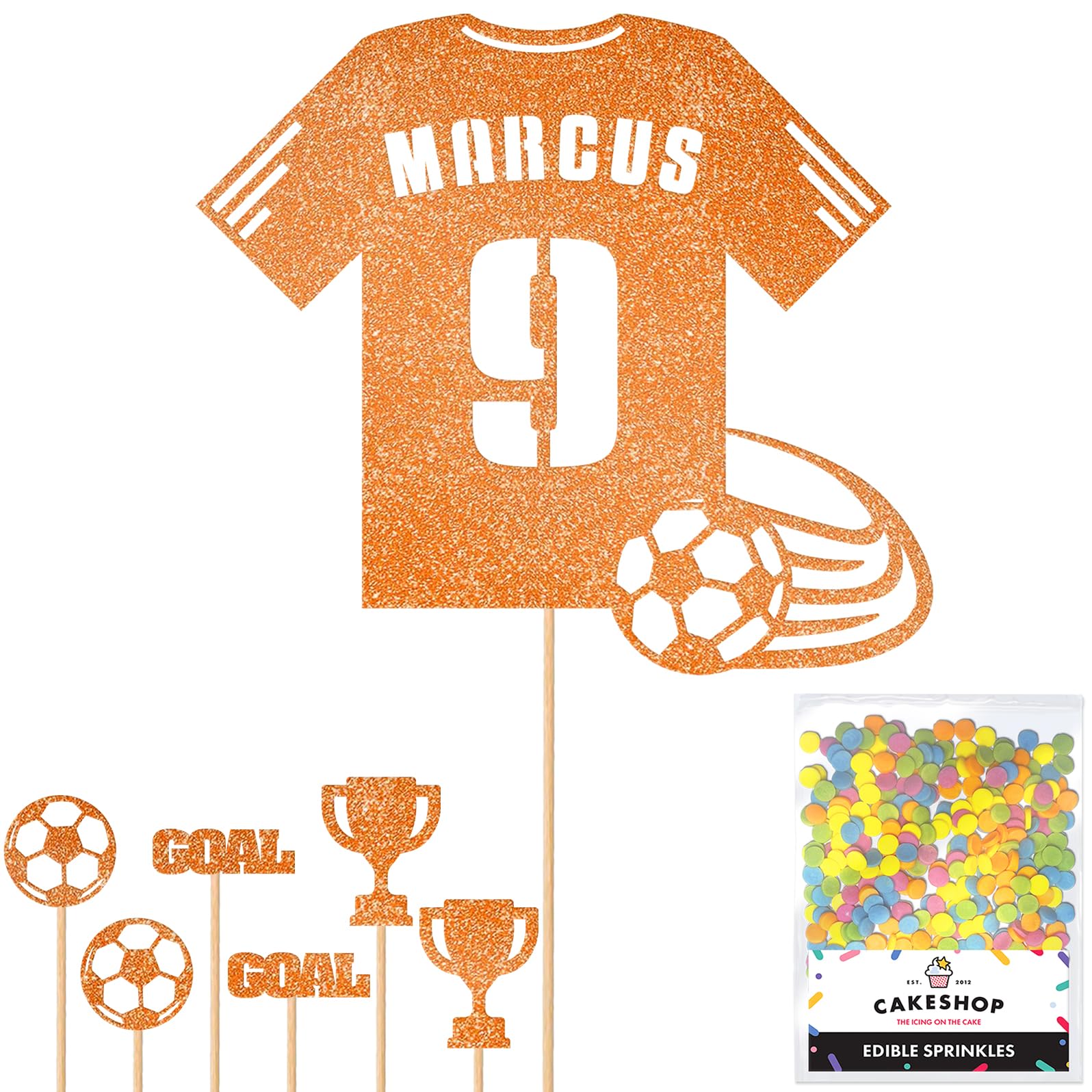 Personalised Birthday Football Kit Jersey Cake Topper- Orange Any Name & Age Number Glitter Cake Decoration and Sprinkles - Happy Birthday Decorations - Personalised Toppers for Cakes by Cakeshop โ image 1