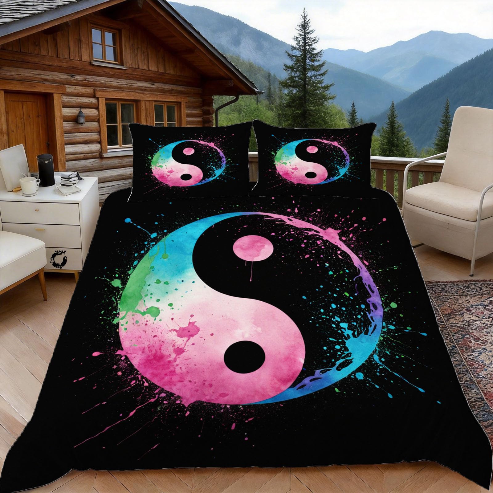 3D Super King Duvet Set 3D Printed Yin Yang Bedding, Mystical Soft Microfibre Duvet Cover Sets Quilt Cover and Pillow Set with Zipper 3 Pcs