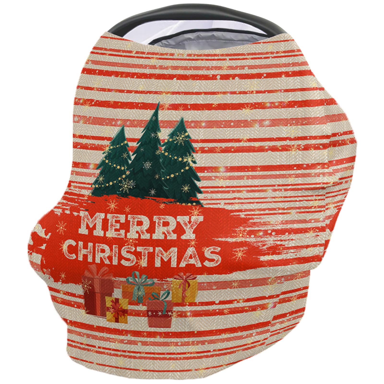 Nursing Cover for Breastfeeding Scarf, Merry Christmas Xmas Tree Gift Box Red Line Striped Baby Car Covers Super Soft Multi Use for Canopy Shopping Cart Cover Blanket Stroller Cover