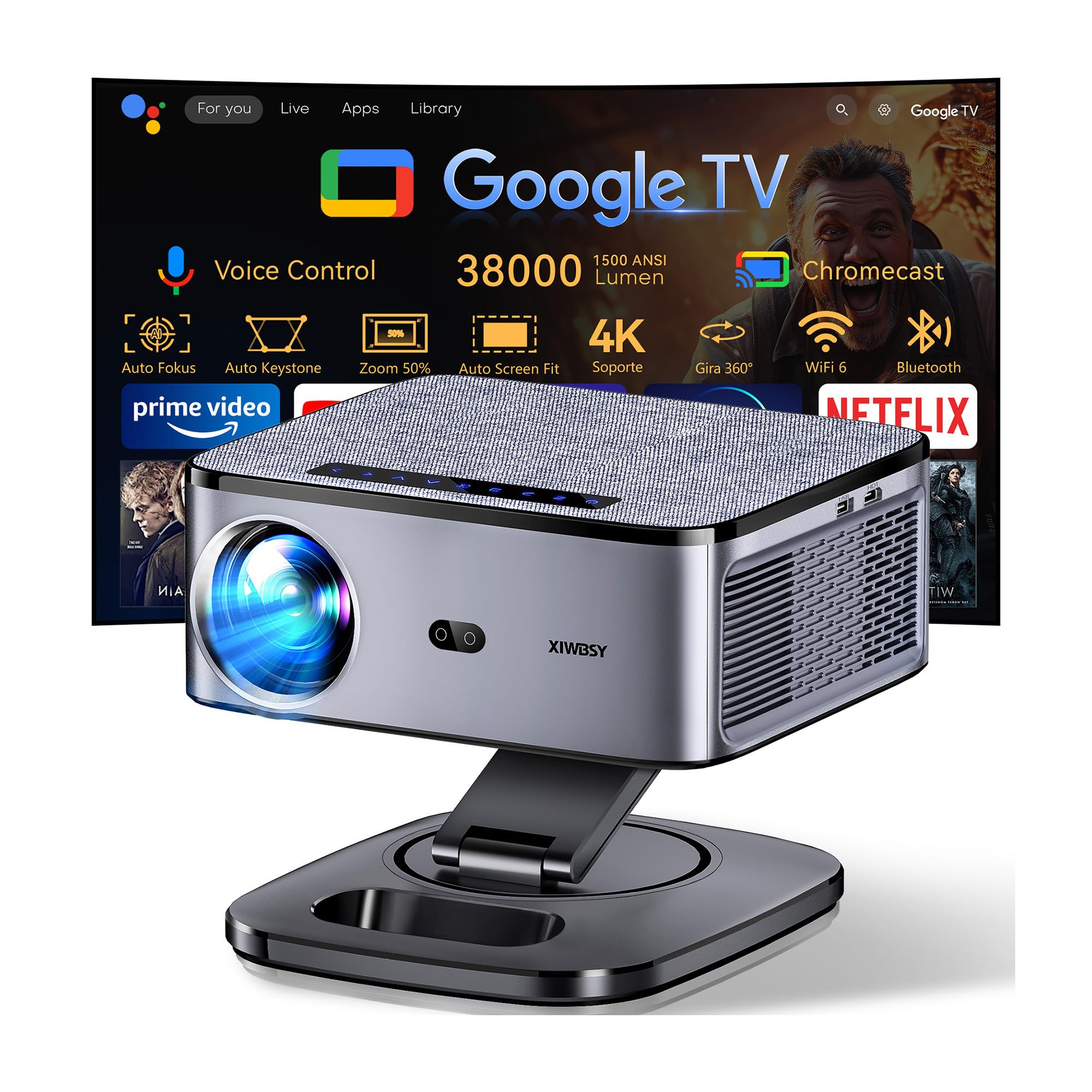 Proiettore portatile 1500 ANSI/Google TV/Auto Focus, 38.000 lumen, girevole a 360°, WiFi 6, Bluetooth 5.3, controllo vocale, supporto 4K 1080p, proiettori video cinema casa/esterno Netflix