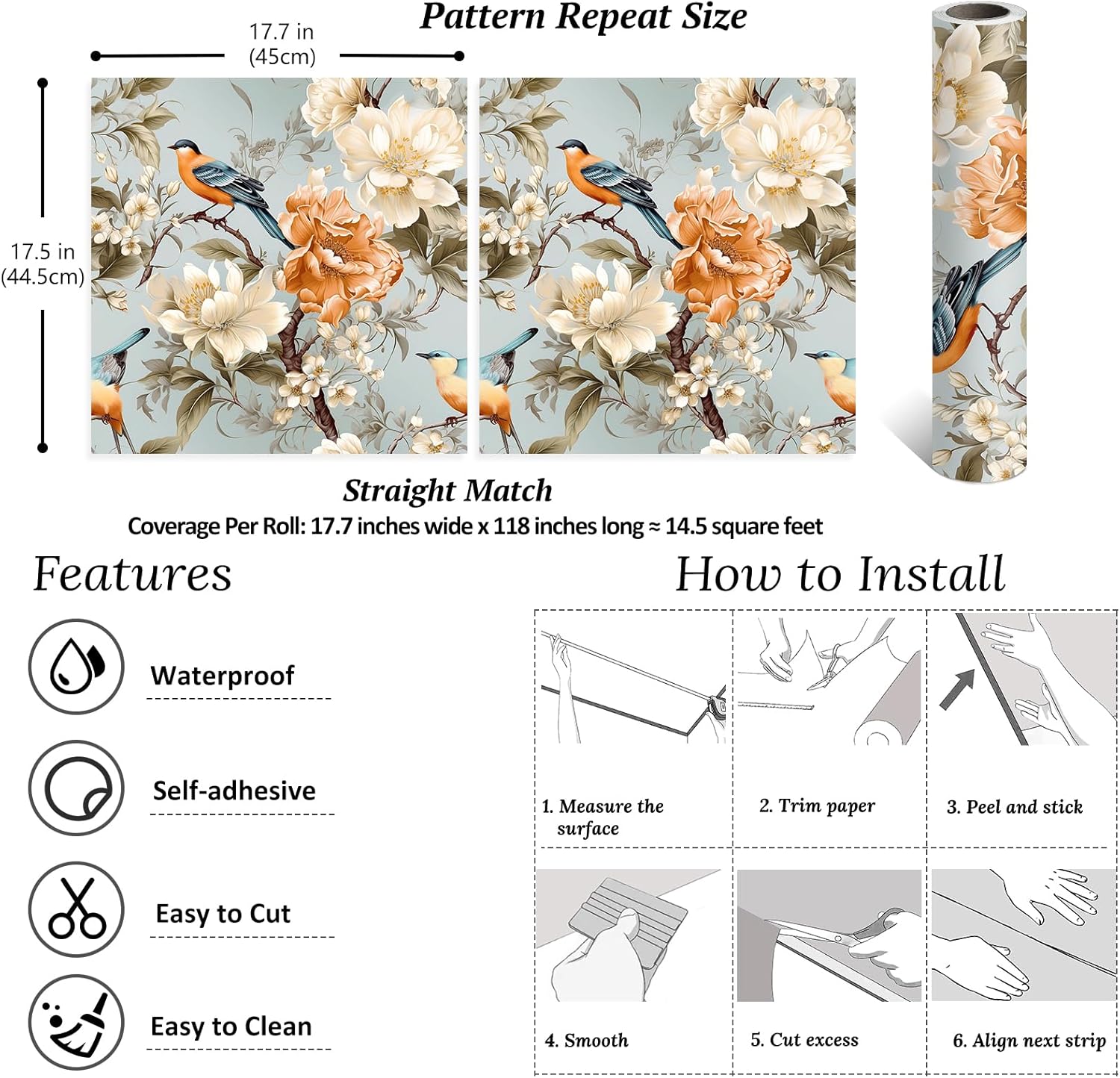 VEELIKE Vintage Blue Floral Wallpaper Peel and Stick Chinoiserie Bird Wallpaper Prepasted Blue Floral Contact Paper for Cabinets Drawers 17.7''x118'' Removable Renter Friendly Flower Wall Mural