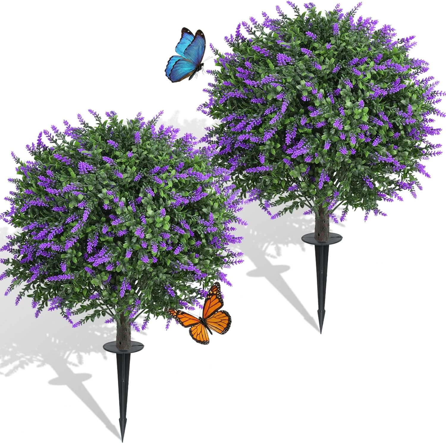 Dense Foliage Artificial Lavender Topiary Ball Trees 24 Inch, 2 Pack UV Resistant Fake Plants Outdoor, Faux Bushes with Ground Spike for Garden, Patio, Porch, Yard Decor