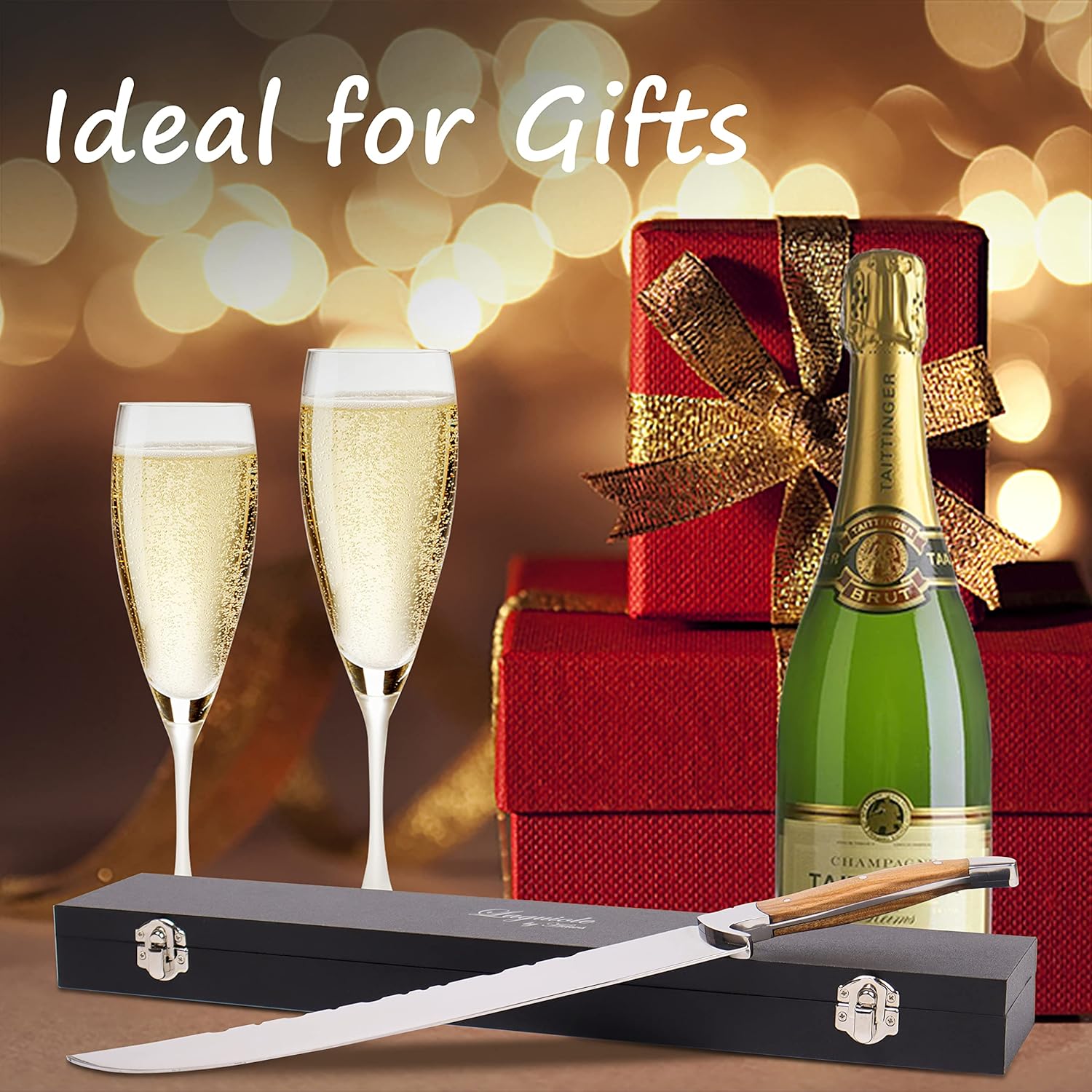LUVCOSY Champagne Saber with Gift Box, Laguiole Style Champagne Sword with Olive Wood Handle, Stainless Steel Blade Sabrage Sword, Wine Bottle Opener for Christmas Wedding (13.7'')