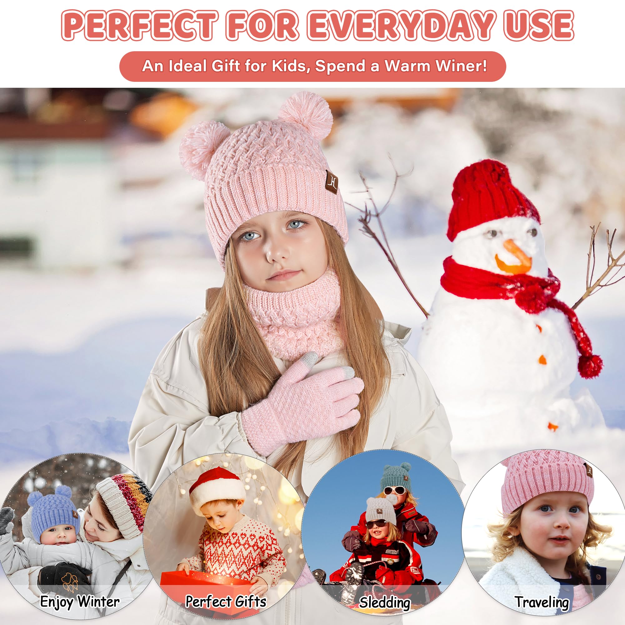 ZASFOU Bambini Cappello Invernale Sciarpa Guanti Touch Screen Set 2 3 4 5 6 7 Anni Berretto Cappelli in Maglia con Pompon Scaldacollo Guanto Regali per Ragazze Ragazzo