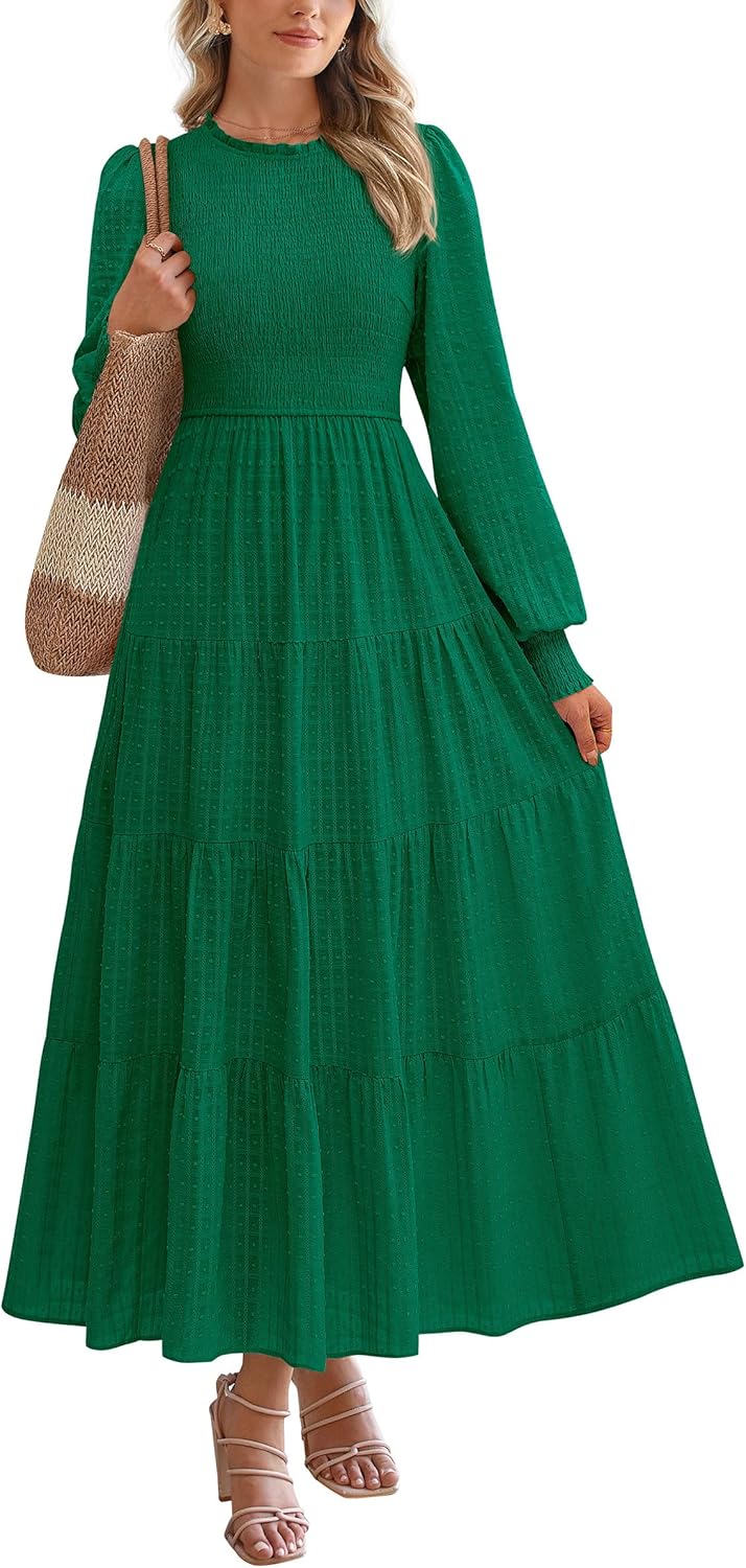 PRETTYGARDEN Women's Long Sleeve Spring Maxi Dresses 2026 Casual Smocked Trim Neck Swiss Dot Flowy Formal Wedding Guest Dress