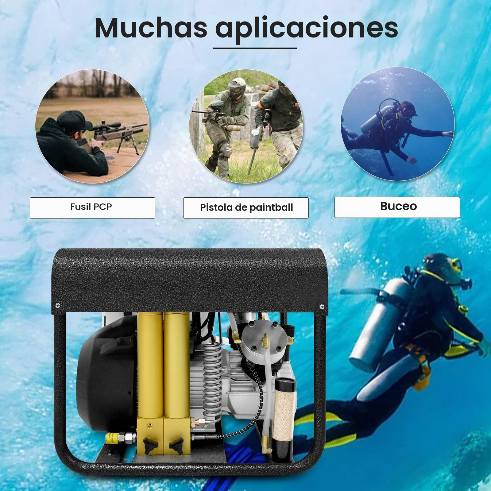 Compresor de aire PCP de 4500 Psi, sistema de enfriamiento de agua y ventilador incorporado, filtro de filtración de dos etapas, versión de parada automática, para tanque de buceo con rifle de aire