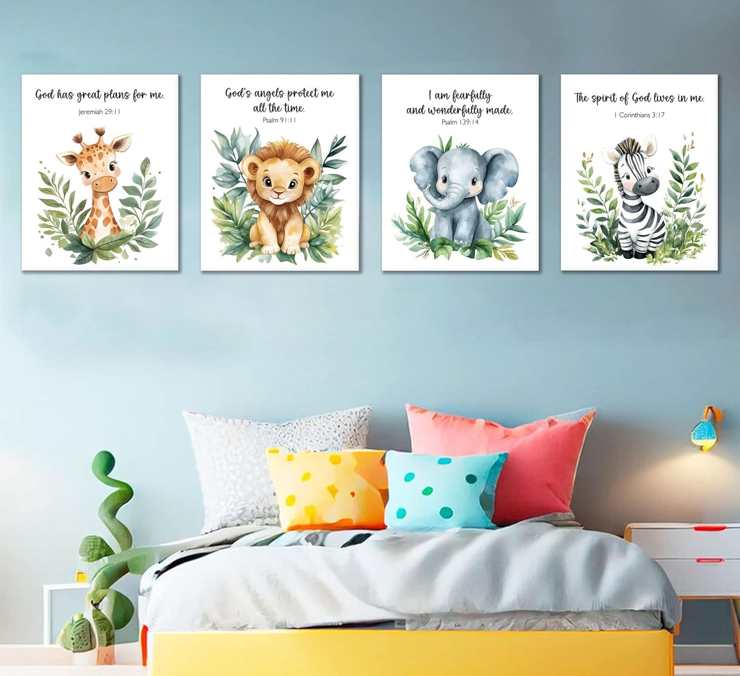 4pcs Nursery Bible Verse Animal Wall Art Baby Forest Nursery Wall Decor Safari Animals Christian Painting Picture Canvas Lions Elephant Giraffe Zebra Poster Print for Kids Room Home Decor Framed
