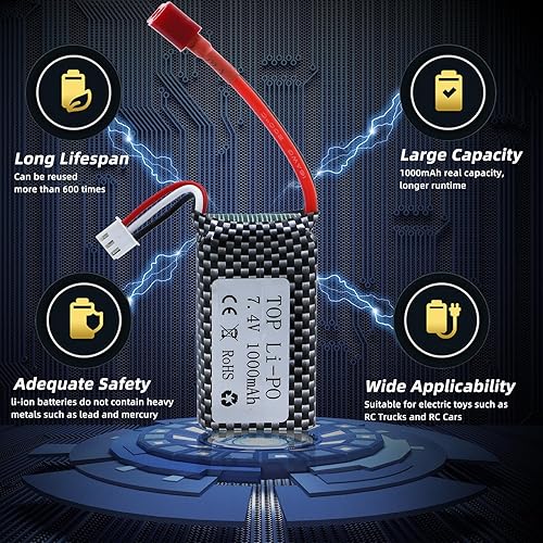 Miniatura 6 de Batería de iones de litio de 7.4 V 1000 mAh, paquete de 2 baterías 2S 30C con enchufe en T para camión RC sin escobillas de carreras HBX 16889