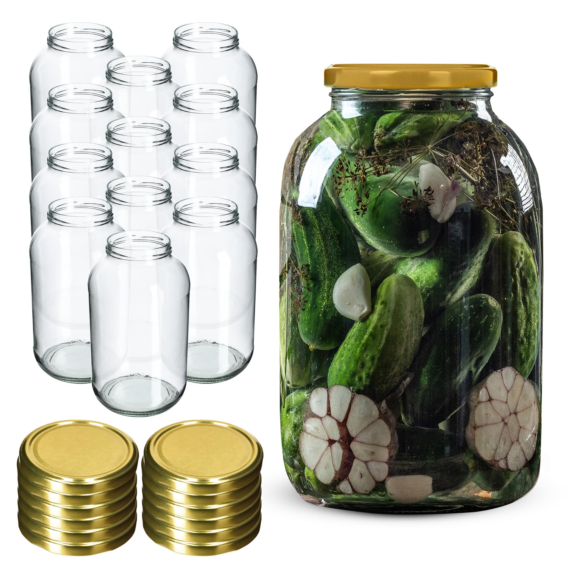 KADAX Set di 12 Barattoli in Vetro 4L con Coperchio a Vite fi100mm per Cetrioli, Kombucha, Kimchi | Vasi Conserva Apertura Larga per Fermentazione e Sottaceti (Dorato)