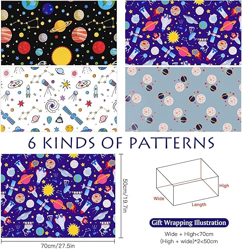 Miniatura 2 de PLULON 6 hojas de papel de regalo de cumpleaños, diseño del espacio exterior para niños, regalo de fiesta de cumpleaños y baby shower