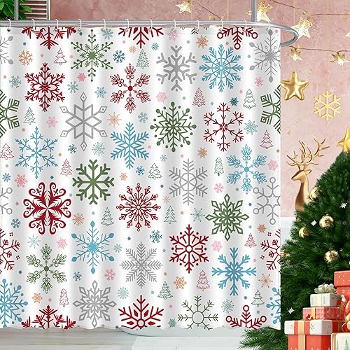 Miniatura 9 de Cortina de ducha de renos navideños, cortina de baño de poliéster para decoración navideña de invierno, tela de tela de nieve para el hogar, con 12