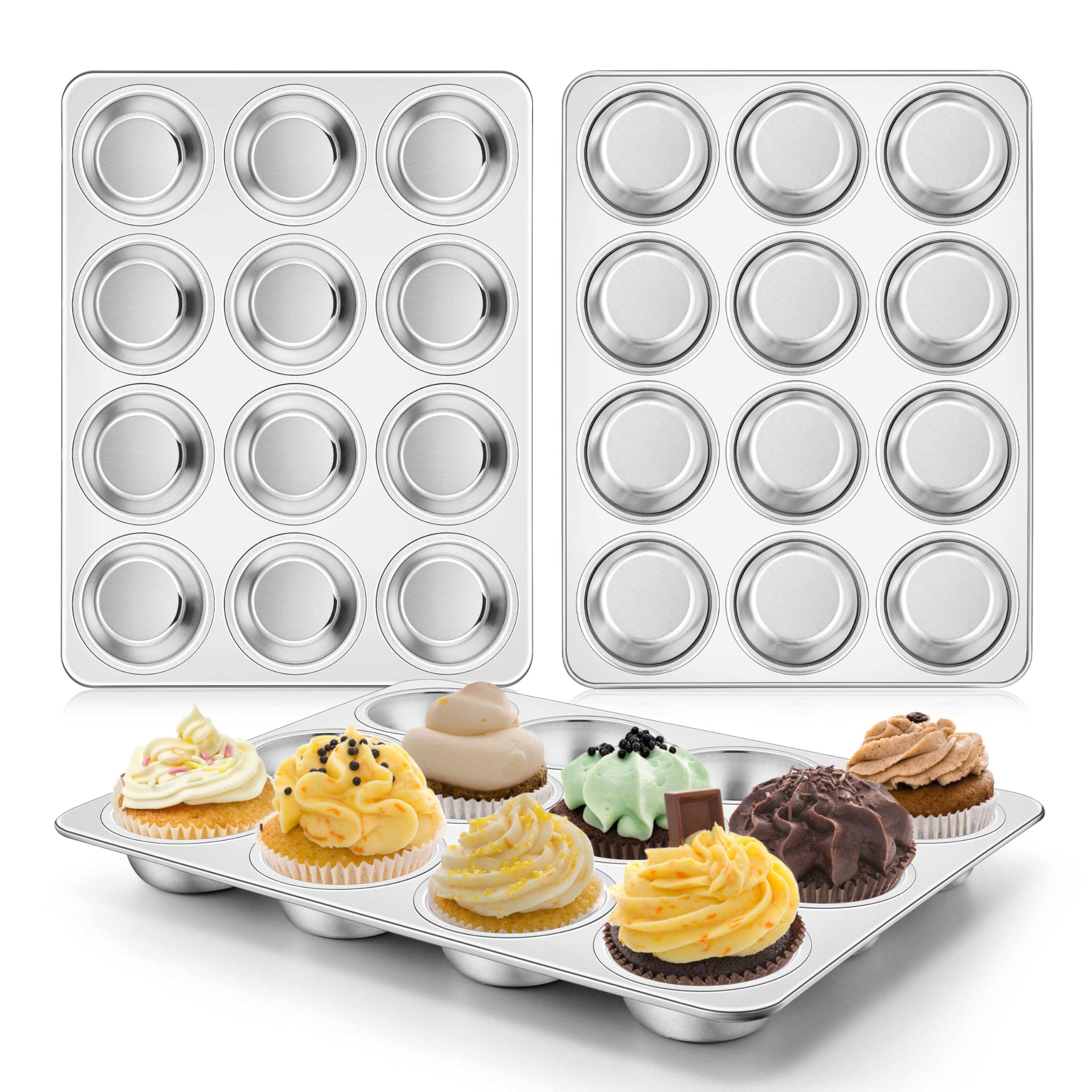 Homikit Muffinform aus Edelstahl, mit 12 Förmchen, normale Größe, antihaftbeschichtet, Metall, Cupcake-Eierbeißform zum Backen, ungiftig und rostfrei, ofen- und spülmaschinenfest, 3 Stück