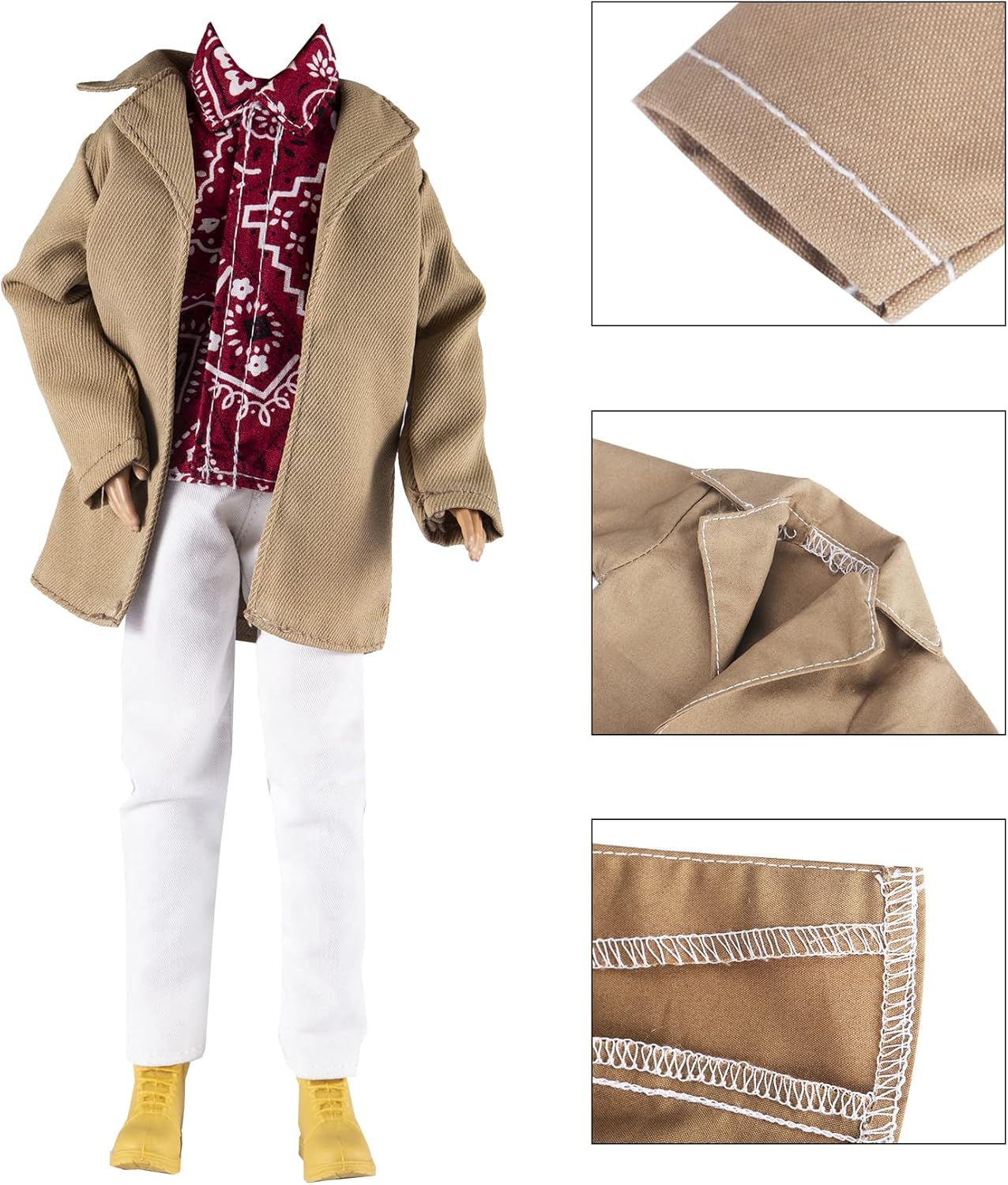 E-TING Trench Coat Pack = 5 Sets Fashion Casual Wear Clothes Outfit for boy Doll (1 Set Khaki Long Jacket Overcoat +3 Sets Casual Wear Clothes +1pc Swim Trunks)