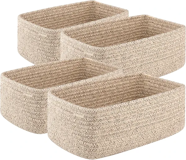 OIASKET 4 Pack Small Storage Shelf Baskets for Organizing, Mini Woven Rope Storage Bins for Towels, Cute Decorative Closet Organizer,Baby Nursery, Gift Empty Baskets -13.78''Lx9.84''Wx5.51''H-Brown