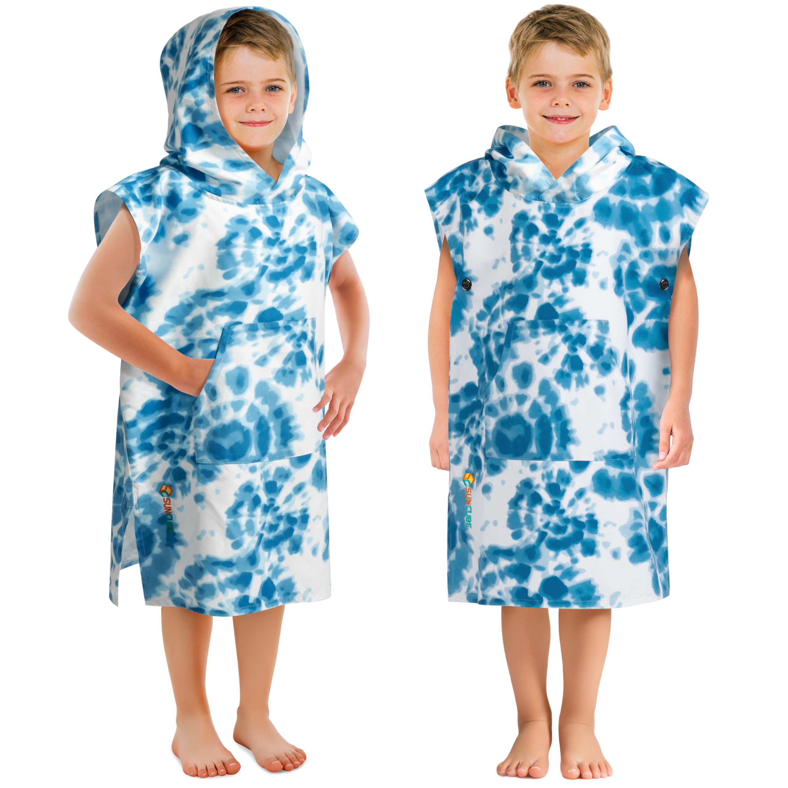 SUN CUBE Kids Towel Changing Swim Robe Surf Poncho, Quick Dry Microfiber Hooded Wearable Blanket for Boys Girls 3-7 Years, Tie-Dye Blue