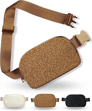 Boutique Fleece Belt Bag | Sherpa Crossbody Fanny Pack for Women Fashionable | Cute Mini Everywhere Bum Hip Waist Pack | Small Fashion Travel Chest Bag | Gold Accessories | Adjustable Small Strap | Caramel