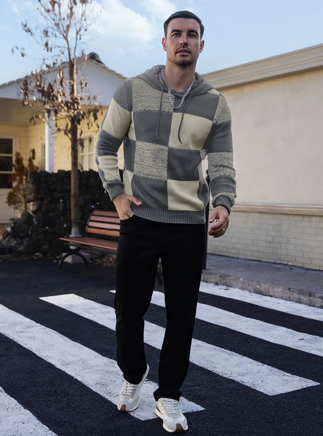 Men's Checkerboard Hooded Sweater Color-Block Hoodie Waffle-Knit Textured Pullover Casual Retro Streetwear - Image 5