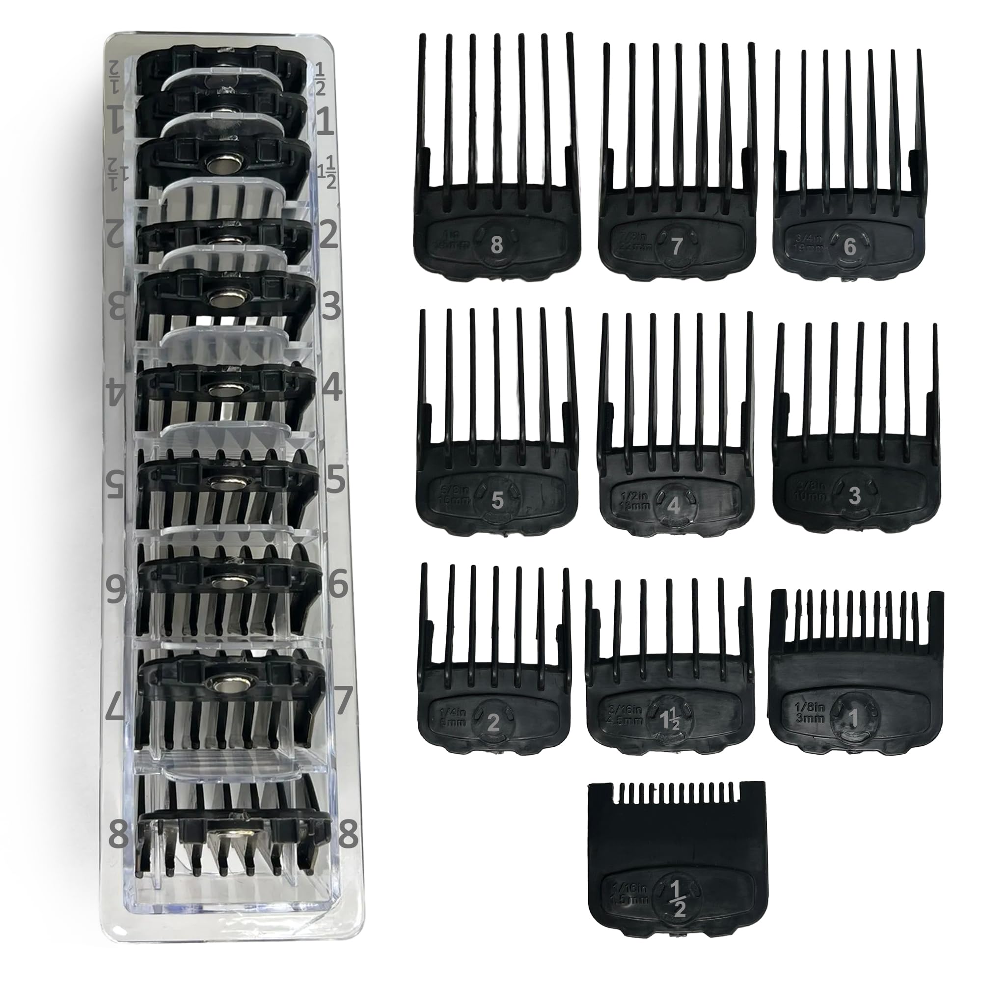 Set de Peines Guía Magnéticos compatible con Wahl – 10 Piezas (de 1.5 mm a 25 mm) – Compatible con Wahl Magic Clip, Senior, Balding, Super Taper y Más + Estuche Organizador
