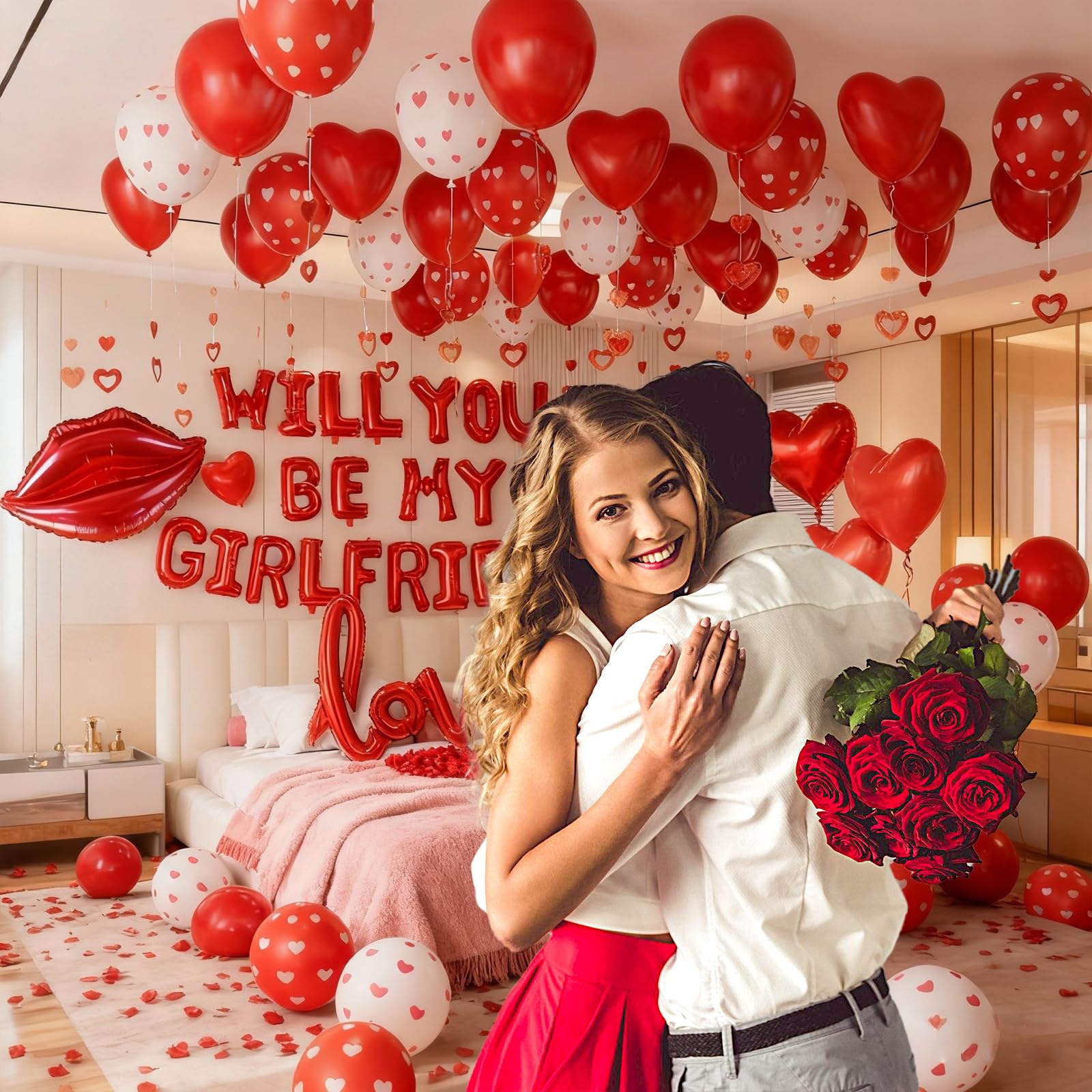 'Will You Be My Girlfriend' balon znak, 'Be My Girlfriend' propozycja, czerwony płatek róży, czerwone balony w kształcie serca, dekoracje walentynkowe