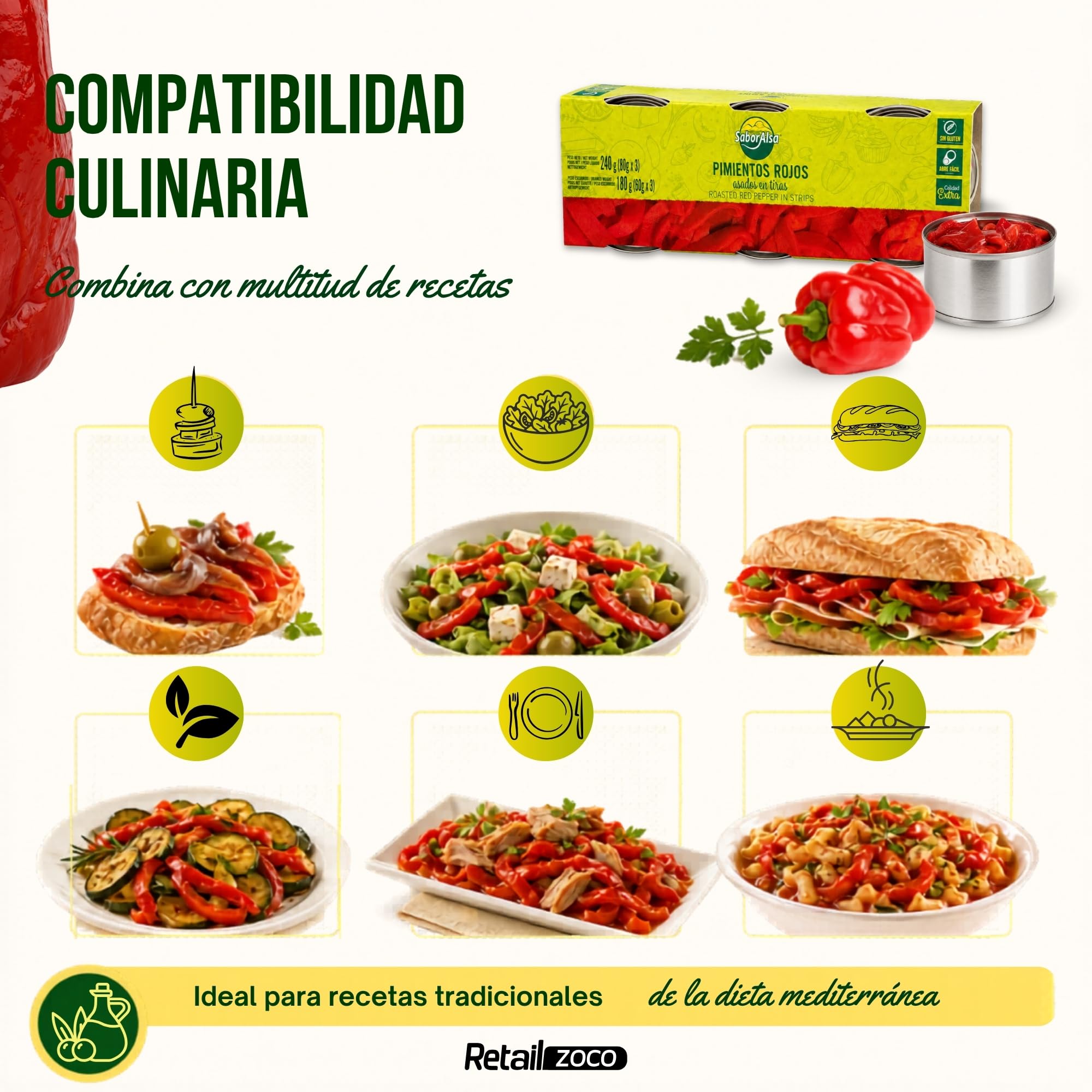 Pimiento rojo asado en tiras, Pimientos en tiras en lata, ingrediente estrella de la dieta mediterránea, Peso Neto por lata 80 gr, Peso escurrido 60 gr, Pack de 12 latas de 80 gr