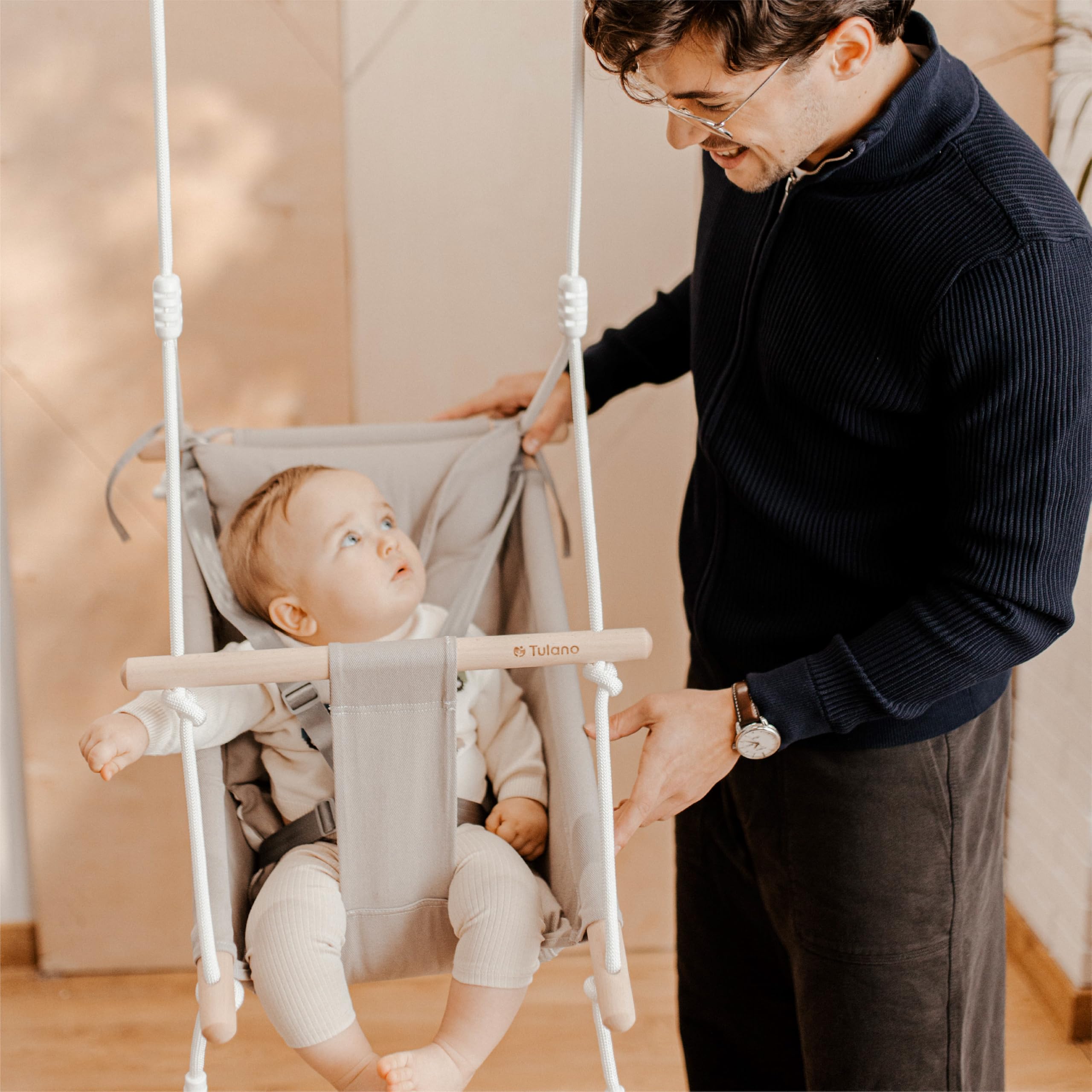 Tulano Hop 40 Altalena per bambini 3in1 - Altalena sospesa e seggiolino in cotone e legno - Dai 6 mesi - Imbottitura sicura - Portata 60 kg - Per interno ed esterno - Grigio