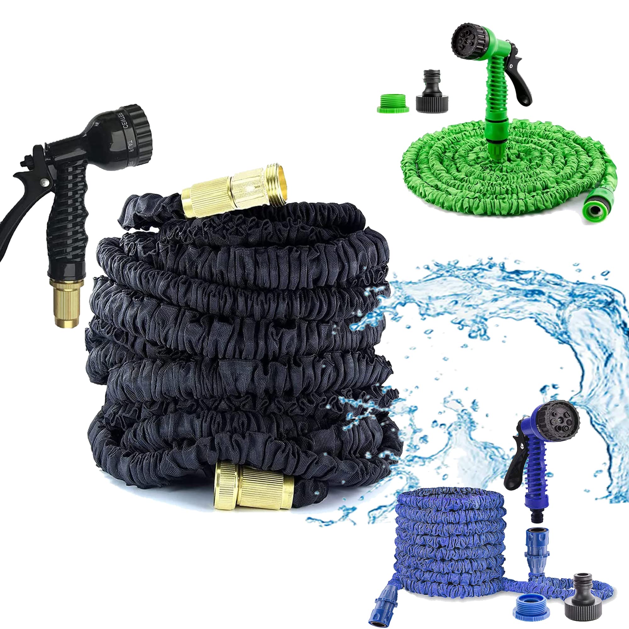 Expandable Garden Hose, 3/4" Solid Brass Connectors, with 7 Setting Professional Water Spray Nozzle Gun, for Gardening Car Washing Pet Bathing (75ft/22.5m, Black)