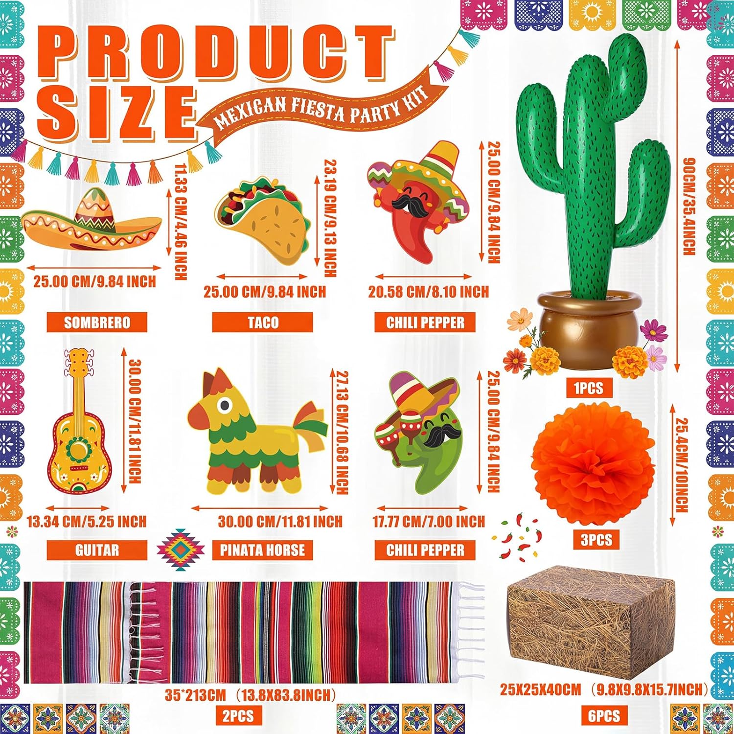 Roowest 18 Pcs Fiesta Mexican Party Decor Set Table Runners Hay Bale Boxes Inflatable Cactus Paper Flowers Cards Taco Birthday Day of the Dead Supplies