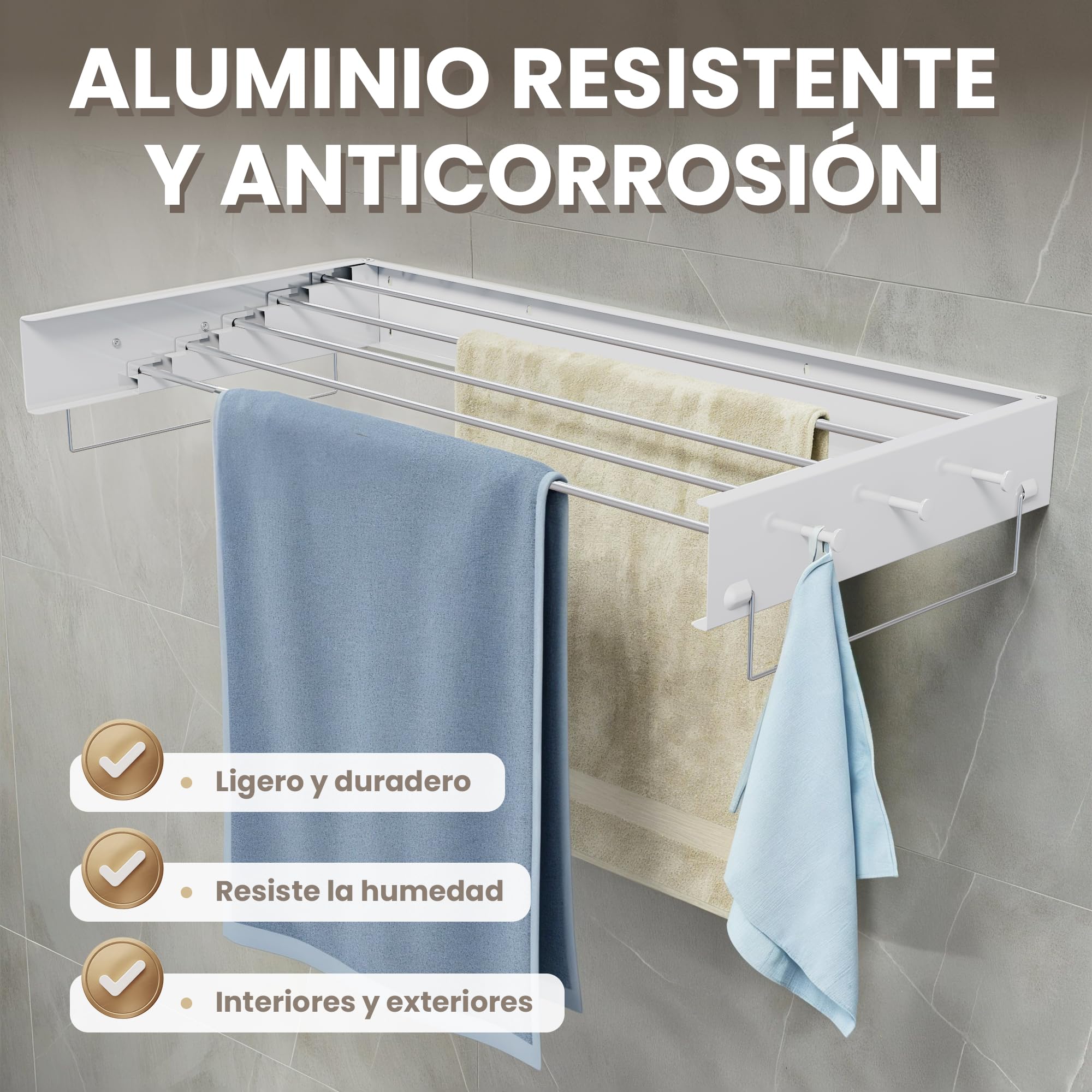 Tendedero Pared Plegable Extensible 100 Cm Aluminio Blanco Resistente Anticorrosión Para Baño Lavadero Balcón Con 5 Varillas 6 Ganchos 2 Soportes Colgantes Ahorra Espacio Secado Eficiente (grande)
