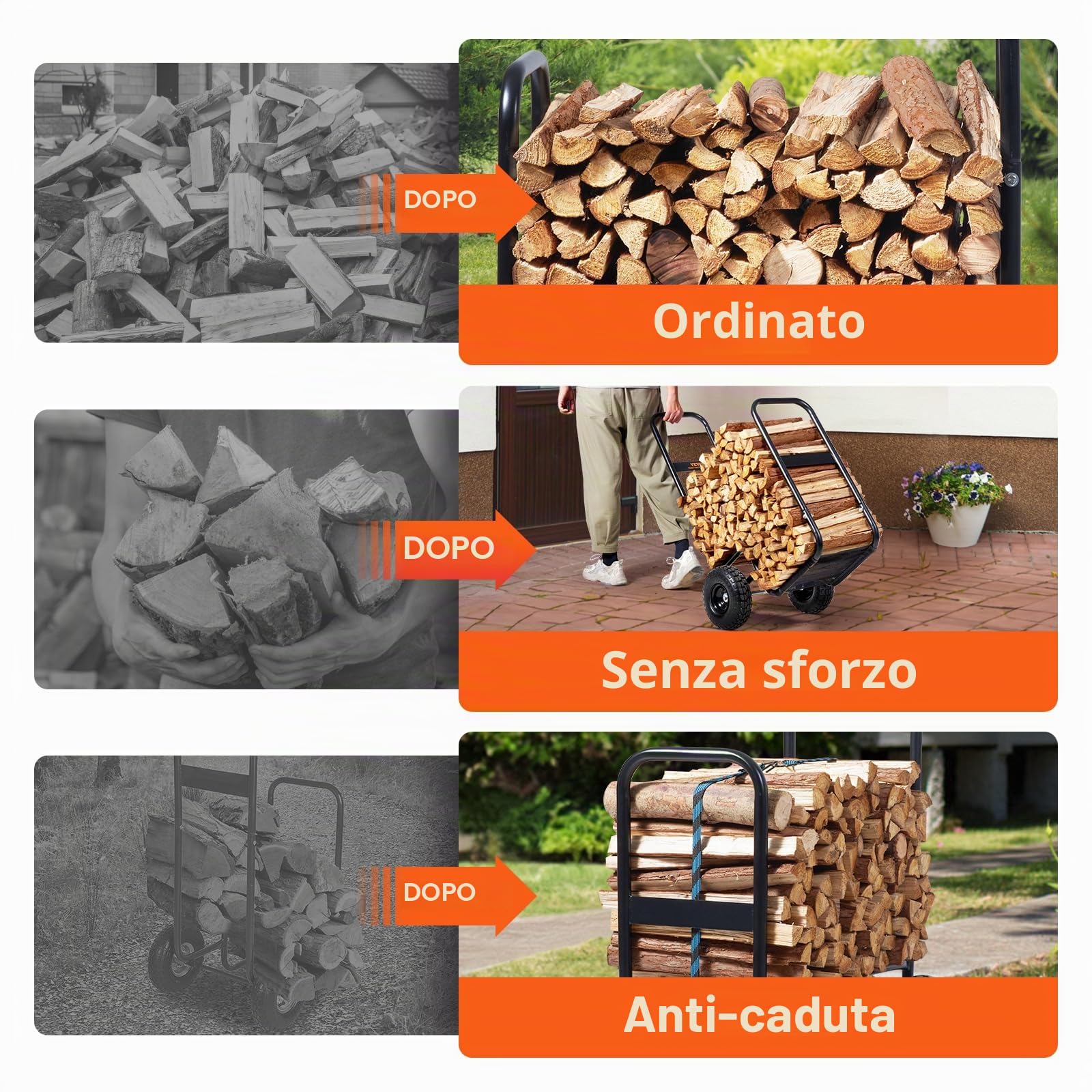 VEVOR Carrello per legna da ardere, 113,4 kg, per esterni e interni, con ruote pneumatiche, trasportatore in acciaio resistente, supporto per camino