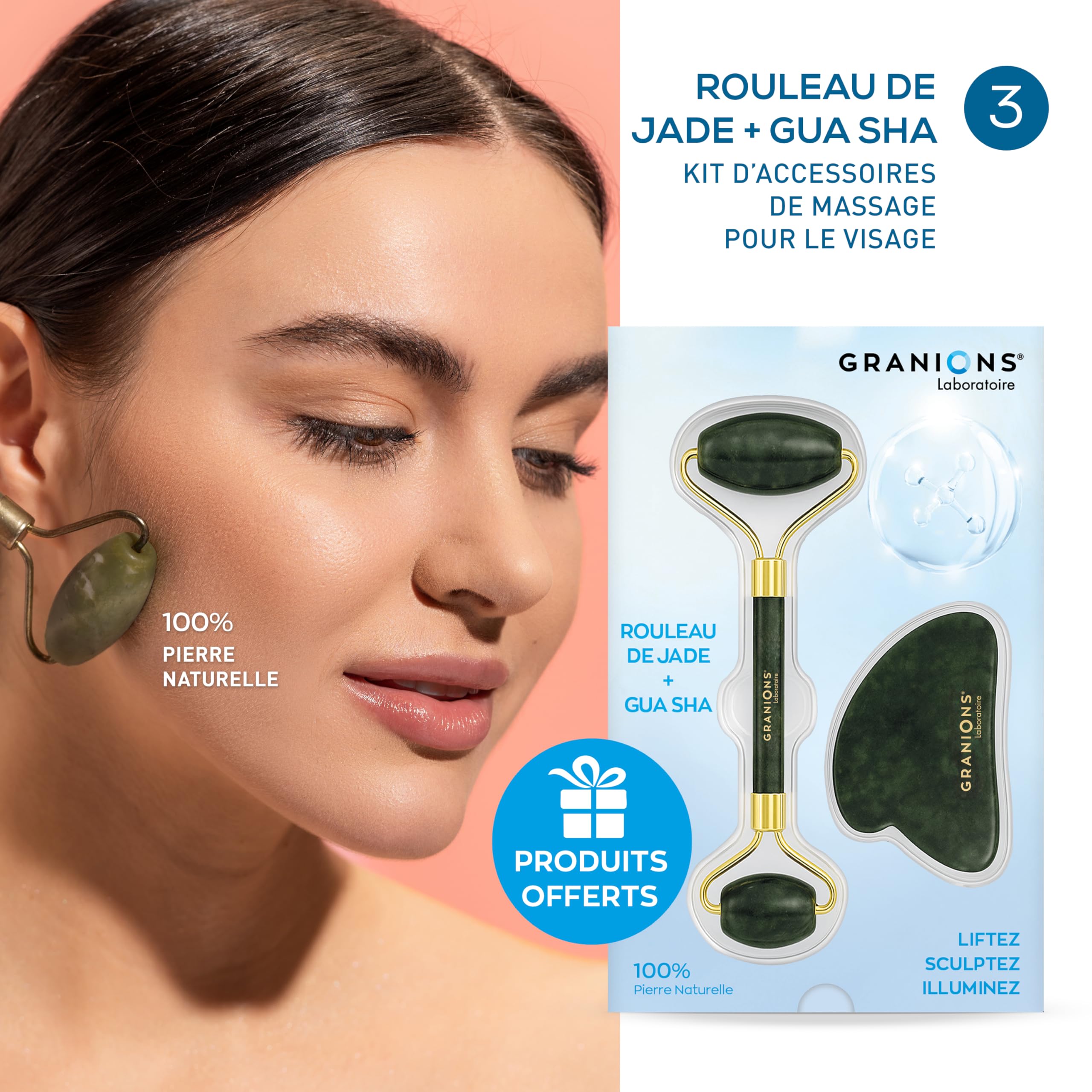 GRANIONS Coffret IN & OUT – Collagene Marin & Acide Hyaluronique – Complement alimentaire anti-age + Creme Jour Raffermissante + Rouleau de Jade & Gua Sha – Anti-Rides Visage – Routine complète IN&OUT