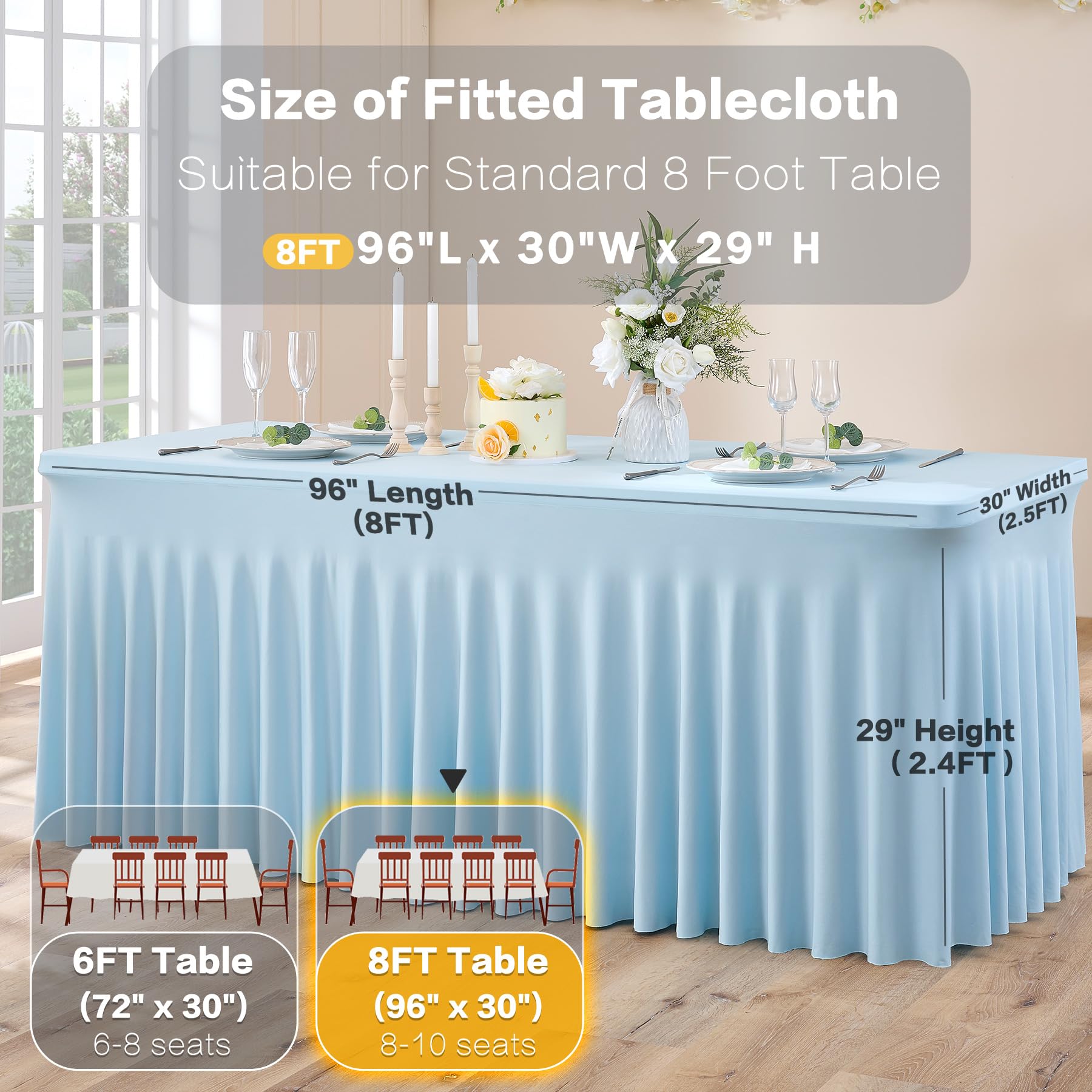 Htper 2 Pack Spandex Baby Blue Table Clothes for 8 Foot Rectangle Tables, Wrinkle Free Table Cloth 8ft Stretchy Tablecloths with Skirt for Parties Weddings Birthday Banquet Baby Shower