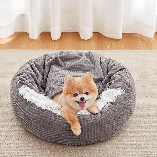 Miniatura 9 de MIXJOY Cama para perros con manta adjunta, cama redonda calmante con capucha acogedora para perros medianos, cama de felpa suave para cachorros y