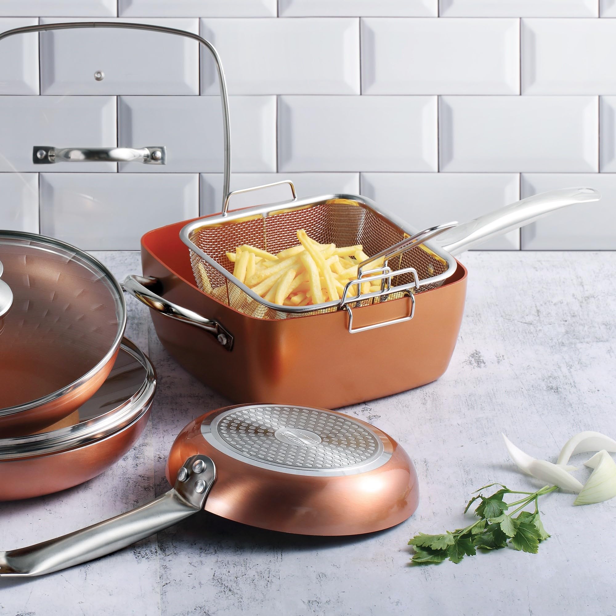 San Ignacio Optimum Copper | Sartén Antiadherente Cuadrada de 24 cm con Cesta de Freír | 5 funciones en 1 | Fabricada con Aluminio Prensado | Revestimiento Multiclad | Todo Tipo de Cocinas