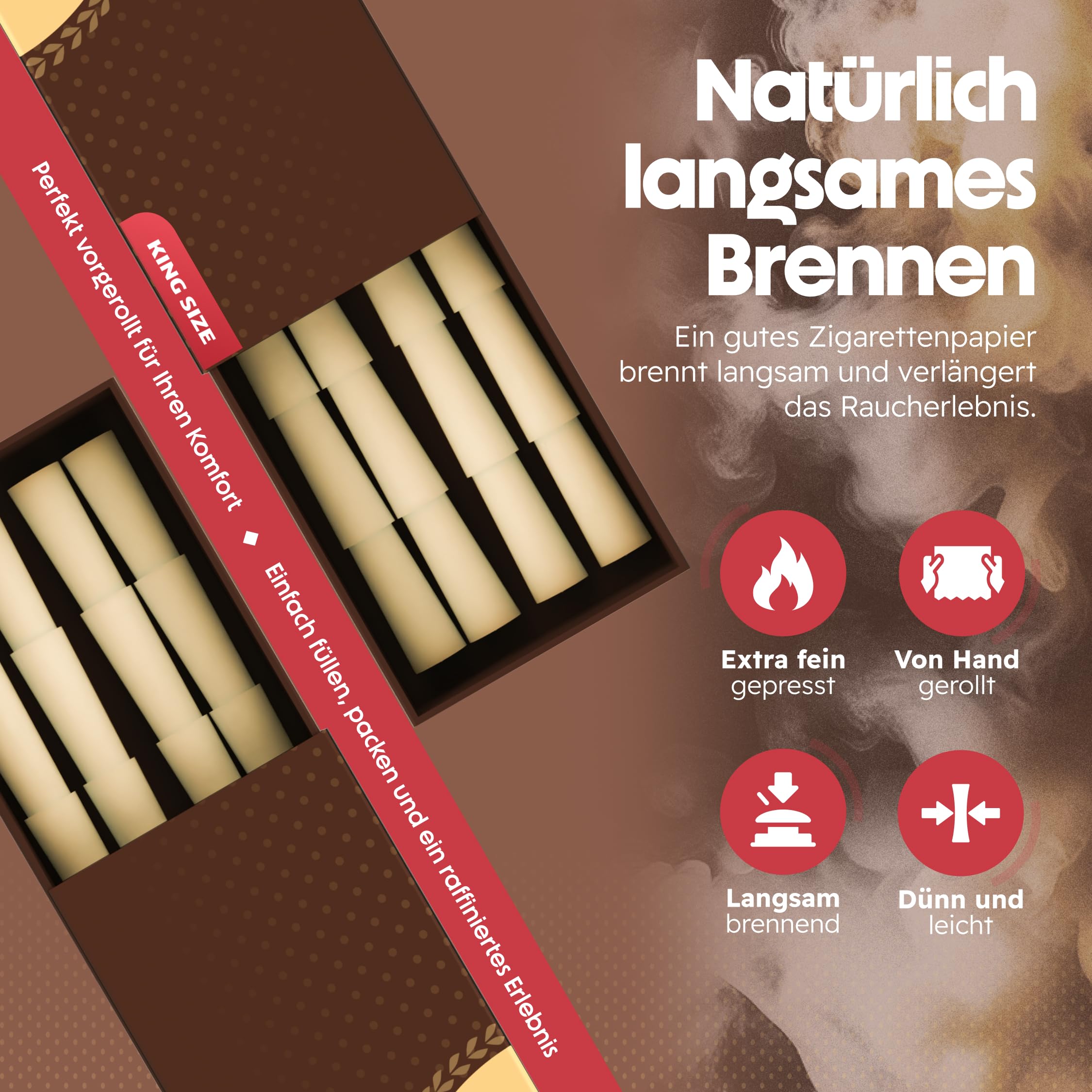 OKAEI Natural King Size Cones 200 Stück - vorgedrehte ungebleichte Hülsen aus Holzpapier, langsam brennend & vegan