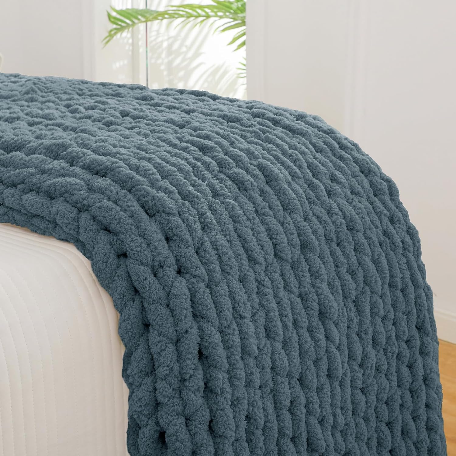 YAAPSU Chunky Knit Throw Blanket for Couch, 51"x63", 100% Hand Knitted Thick Cable Knit with Cozy Jumbo Chenille Yarn, Soft Large Rope Knot Crochet Blankets for Sofa Bed Living Room Décor, BlueSpruce - Image 6