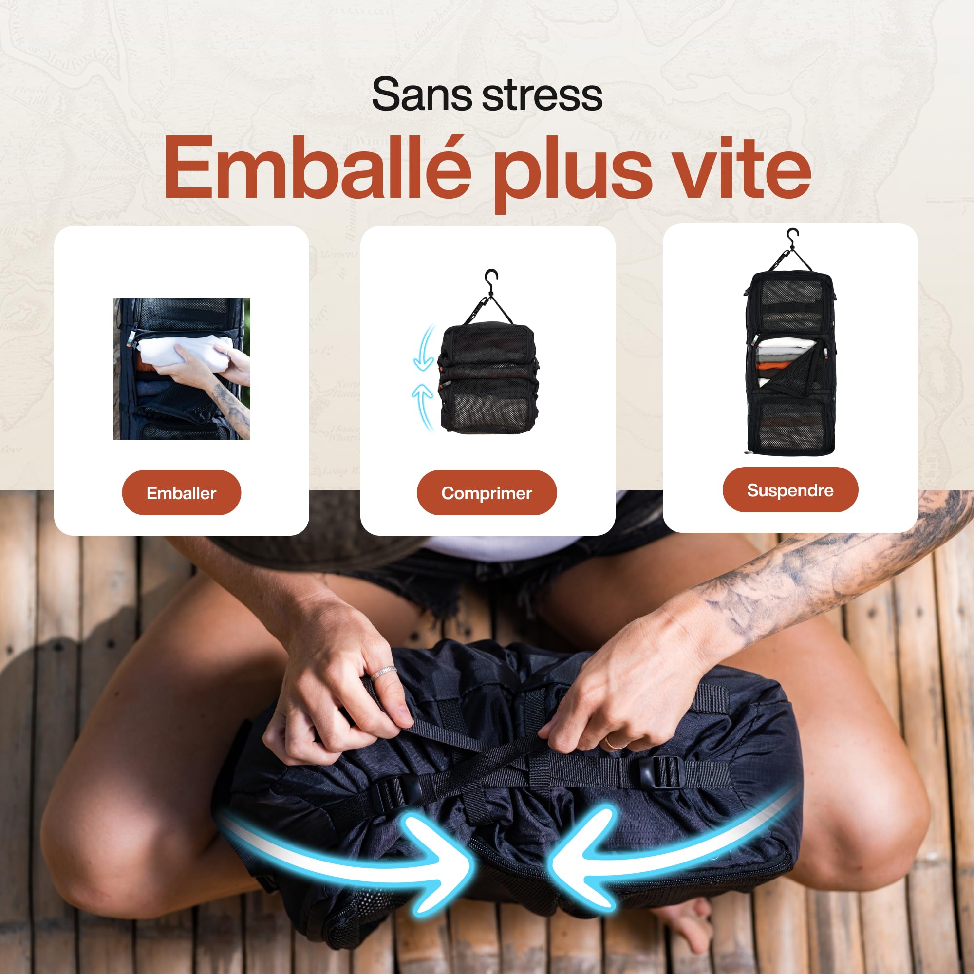 TRAVEL DUDE Compartimenteur de valise à susprendre, avec compression, en plastique recyclées | Cube d'emballage suspensible pour sac à dos | Sacs d'emballage portatifs pour sacs de voyage | Noir
