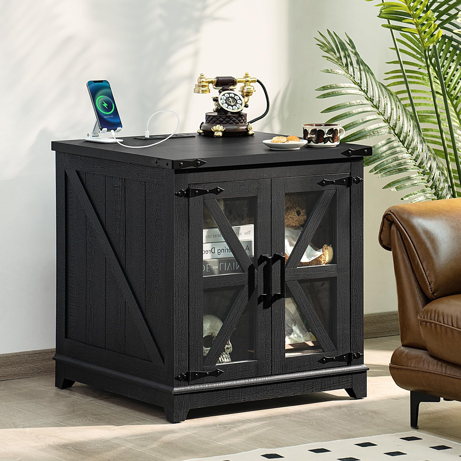 Farmhouse End Table,24" Large Sofa Side Table with Charging Station Glass Barn Door,Wood Nightstand with Adjustable Storage Shelf,Square Bedside Table for Living Room,Bedroom,Office-Black