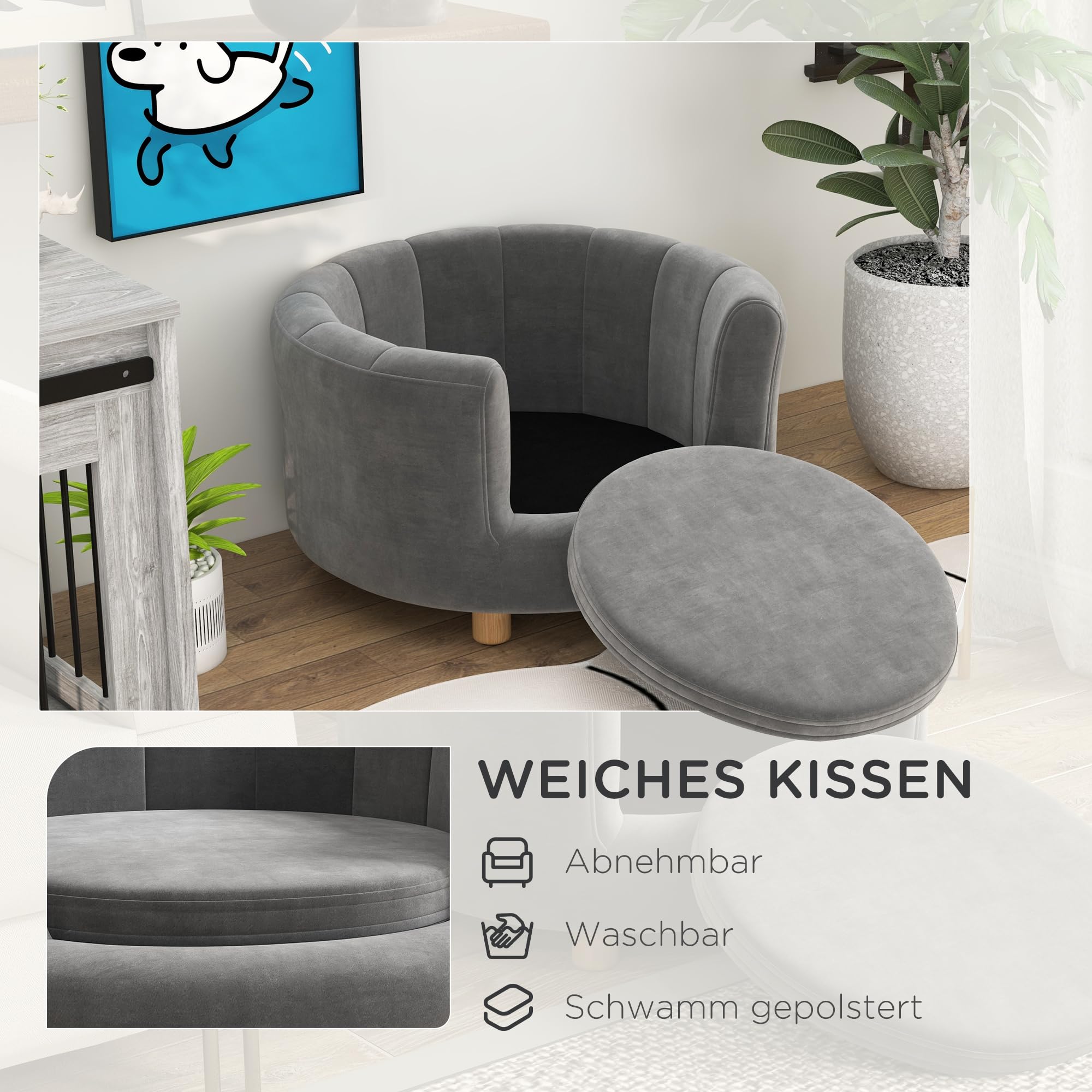 PawHut sofá para perros, funda lavable, sofá para mascotas con respaldo y patas de madera, sofá para gatos, para perros pequeños de menos de 4,5 kg, gris